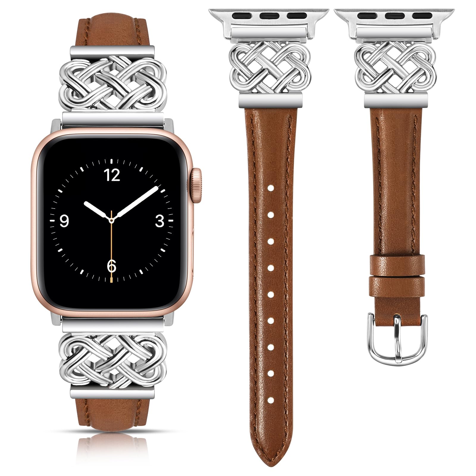 TOYOUTHS Leather Band Compatible with Apple Watch Bands Women 38/40/41/42mm Dressy Slim Leather Strap with Designer Interlock Buckle Bracelet for iWatch Series 10/9/SE/8/7/6/5/4/3/2/1, Brown+Silver