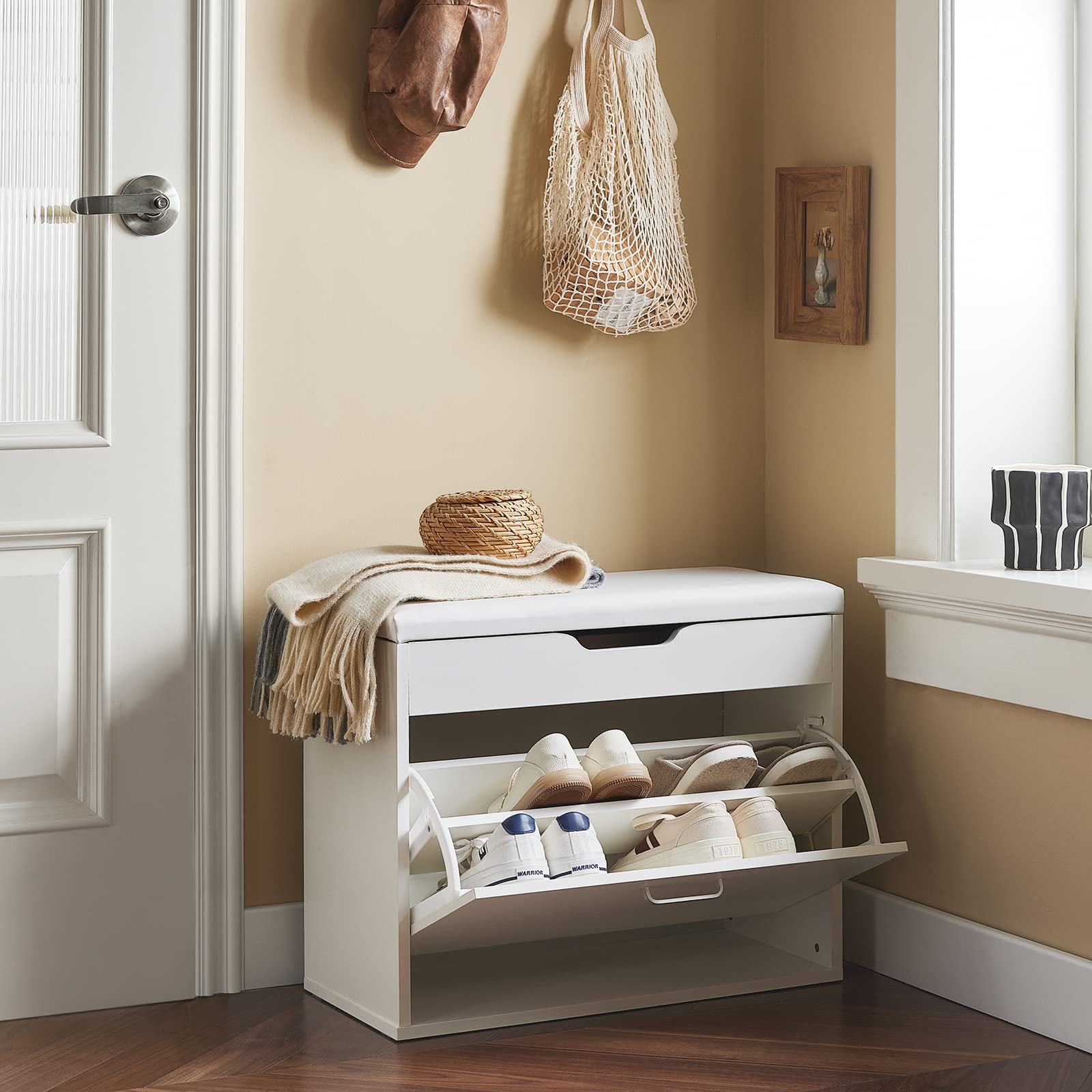 SoBuy Banco Zapatero con Solapa 60x30x50cm para recibidor | Mueble estrecho con asiento acolchado y almacenaje oculto, carga 150kg, blanco FSR95-W