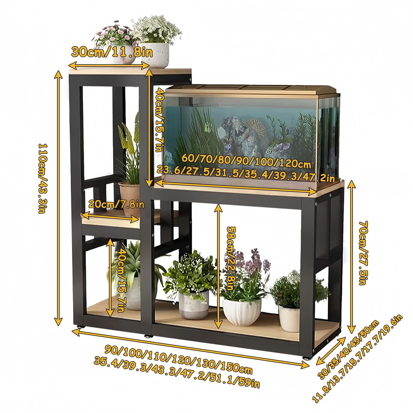 Stojak do akwarium, stojak na terrarium, z regałem do przechowywania, wytrzymały stojak na gady, nadaje się do użytku domowego i biurowego, idealny dla gadów, żółwi, ryb (czarny + orzech włoski, 31,5