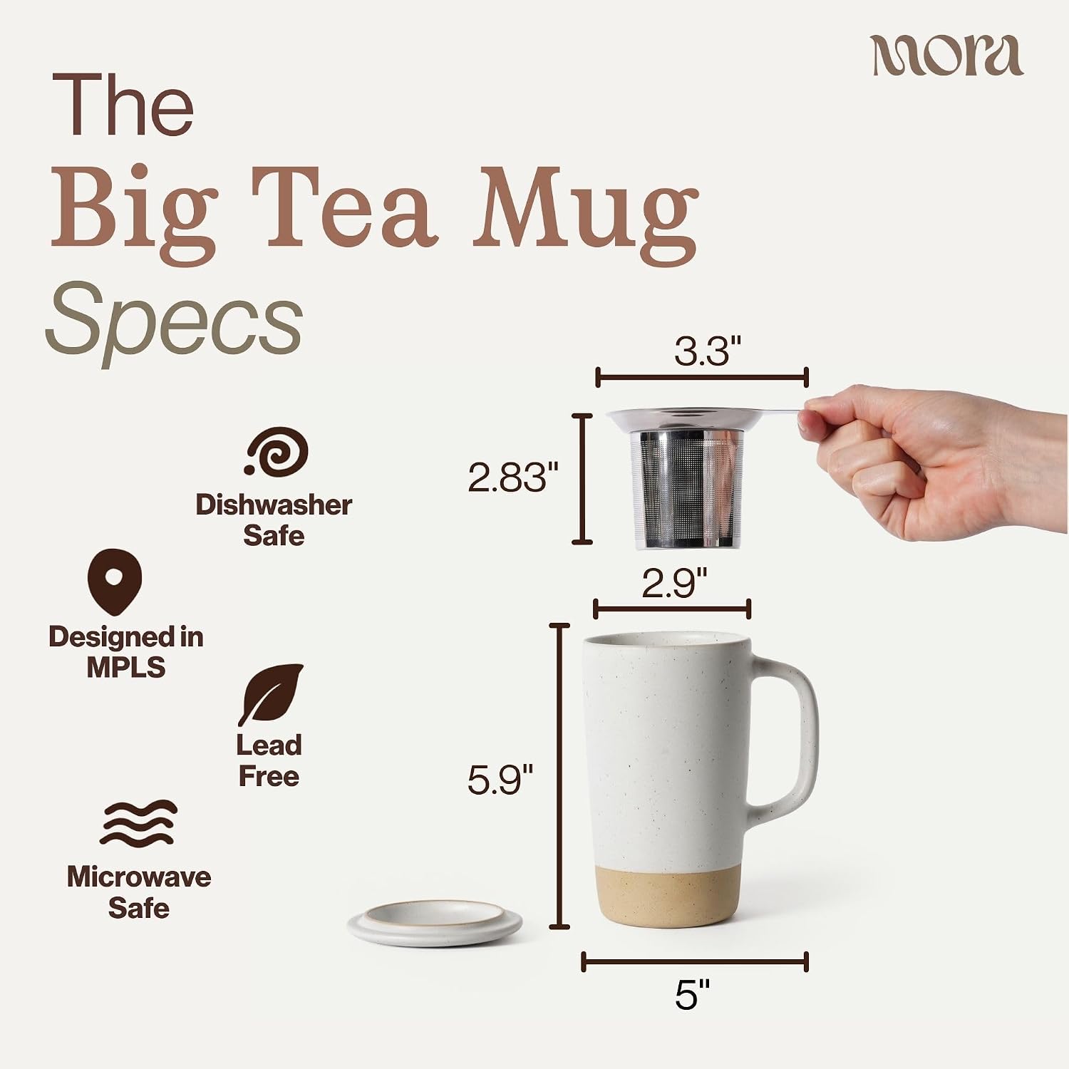 MORA Ceramics Large Tea Mug with Loose Leaf Infuser and Ceramic Lid, 18 oz, Portable, Microwave, Dishwasher Safe, Tall Coffee Cup - Rustic Matte Ceramic Glaze, Modern Herbal Tea Strainer, Oat image 2