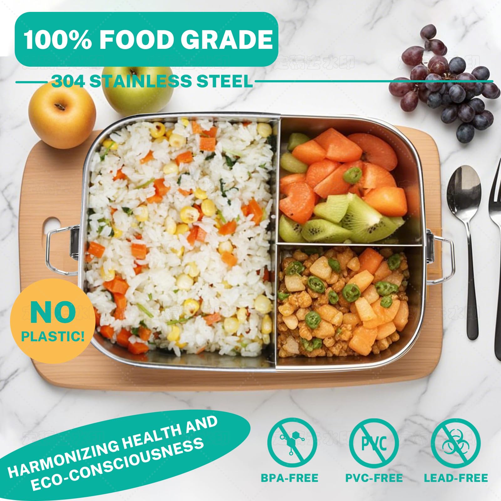 LEEPENK Stainless Steel Bento Box (40oz) with 6oz Condiment Container for Women, Leak Proof Metal Lunch Container with 3 Compartments, Metal Food Storage Lunch box for Work, Travel, Adults