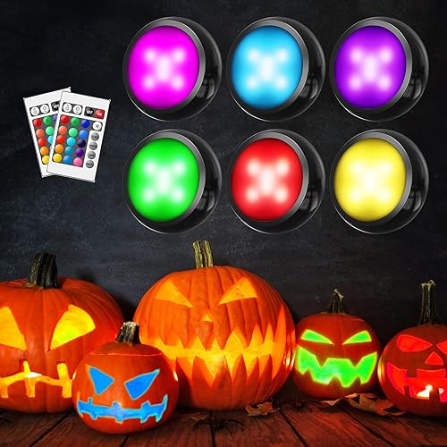 Vista 2 de UNIWA Luces de disco con control remoto, luces inalámbricas para debajo del gabinete, luz LED intercambiable de 16 colores regulables, funciona