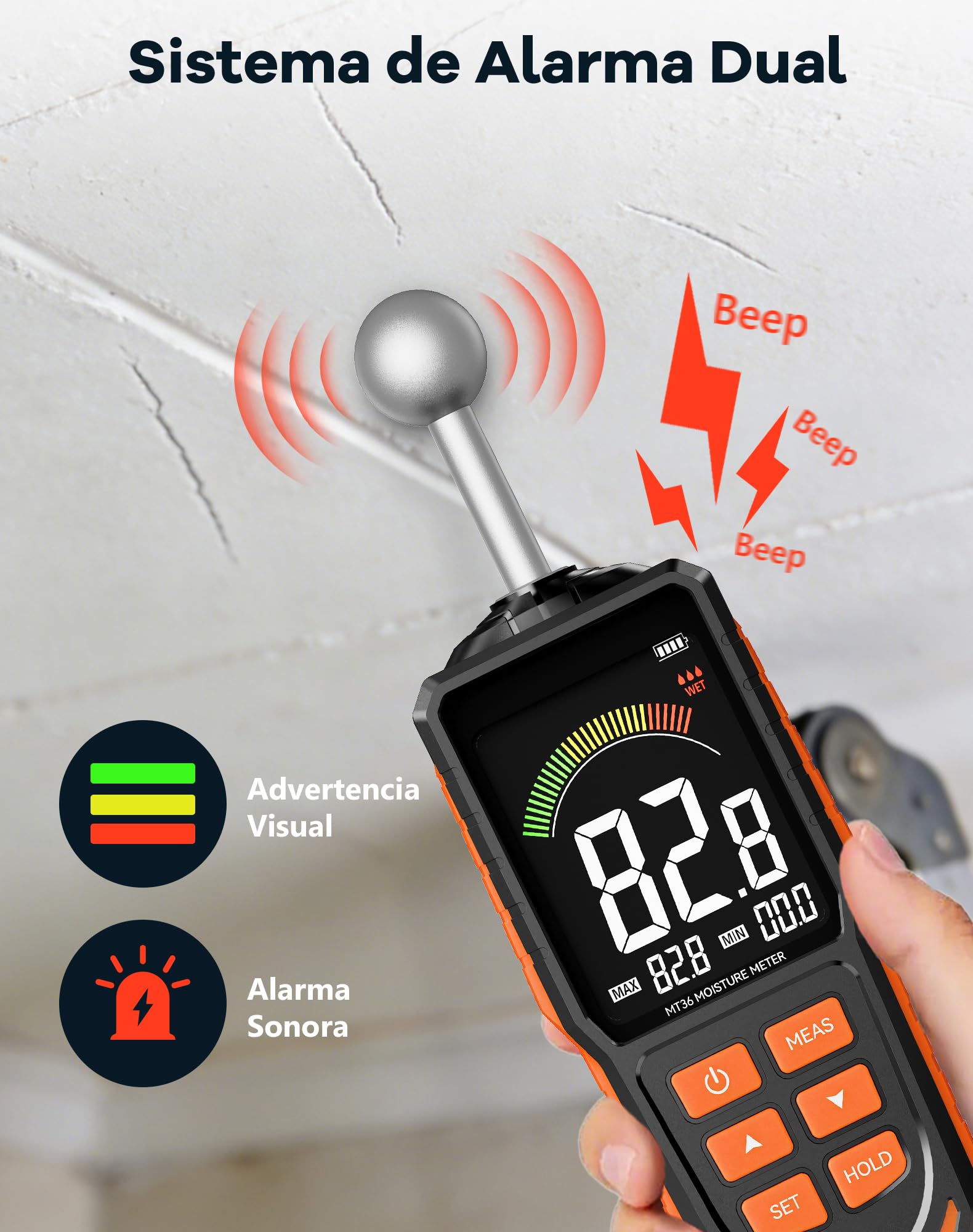 Medidor de Humedad para Pared y Madera, Sin Pines Profesional Detector de Humedad No Destructivo con Sonda Esférica Escaneo Profundo 40 mm, Alarma Sonora para Hormigón, Casa y Autocaravanas