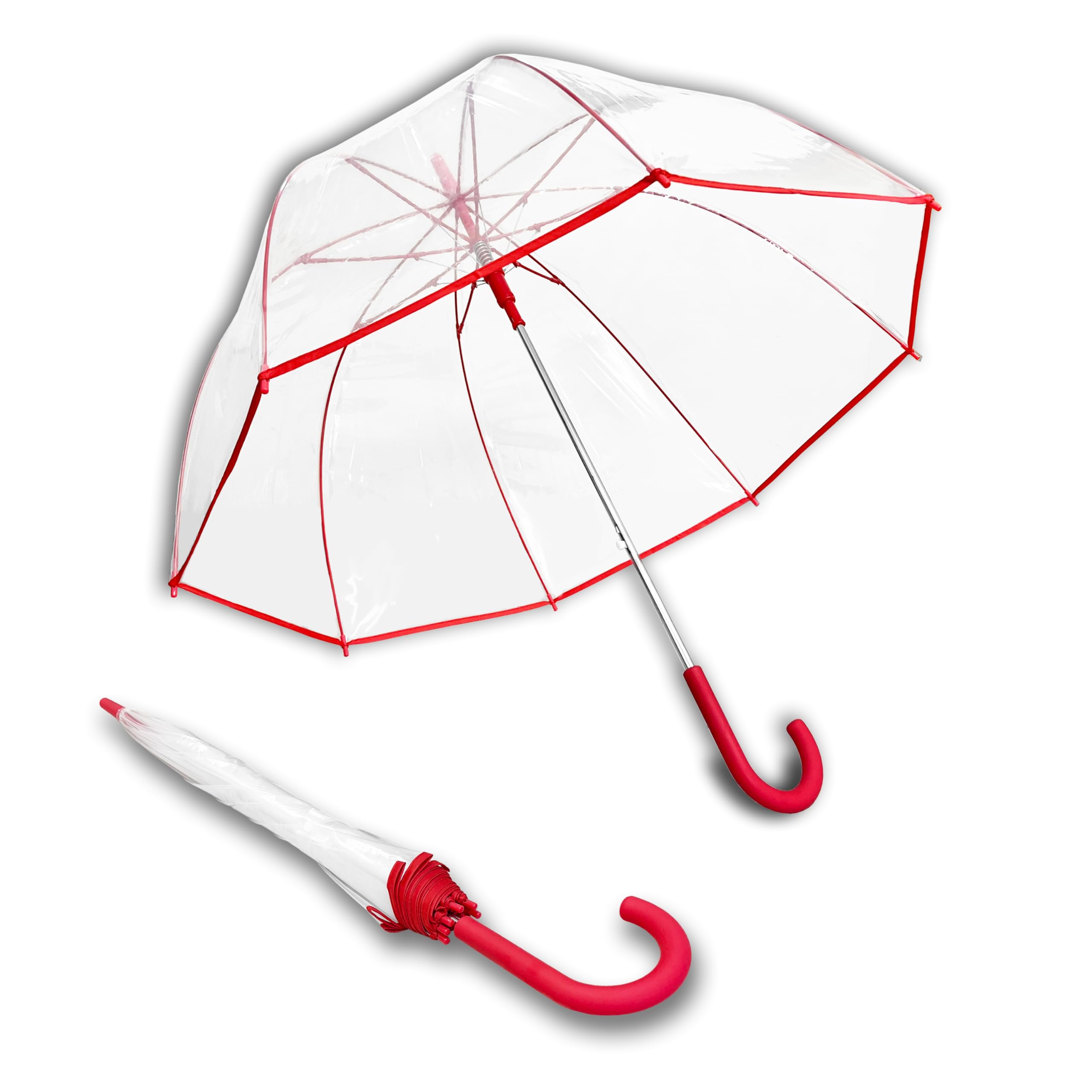 The Weather StationWeather Station Clear Dome Rain Umbrella - Automatic Open, Bubble, Transparent, Red Trim
