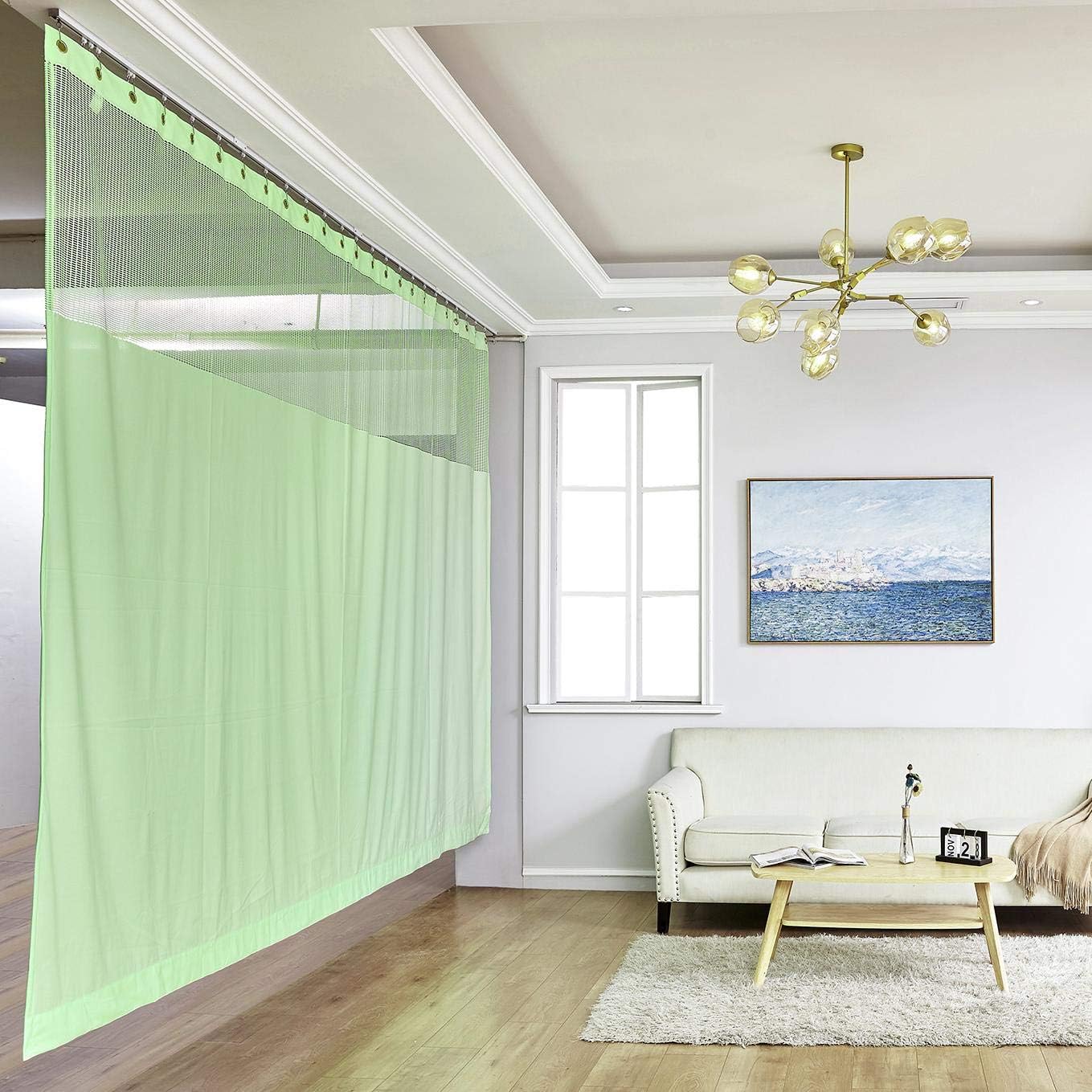 TWOPAGES Flame Retardant 7ft Wide x 8ft Tall Light Khaki Room Divider Curtain Privacy SPA Lab Cubicle Curtain Curtain with Mesh Top Nickel Grommet, 1 Panel