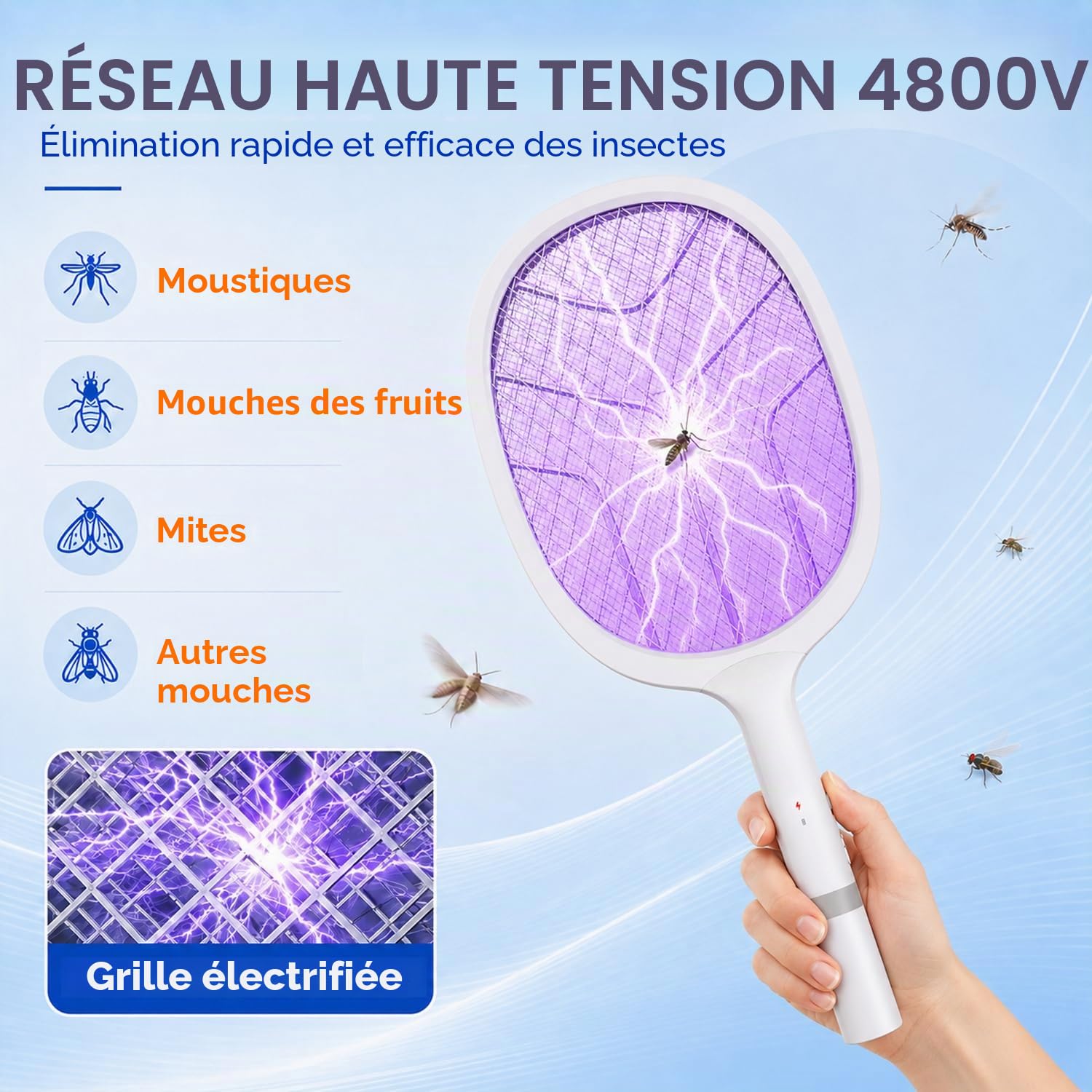 Raquette Electrique Insectes 4800V Tapette Moustique avec Piège Lumière UV Rechargeable USB 2000mAh Blanc