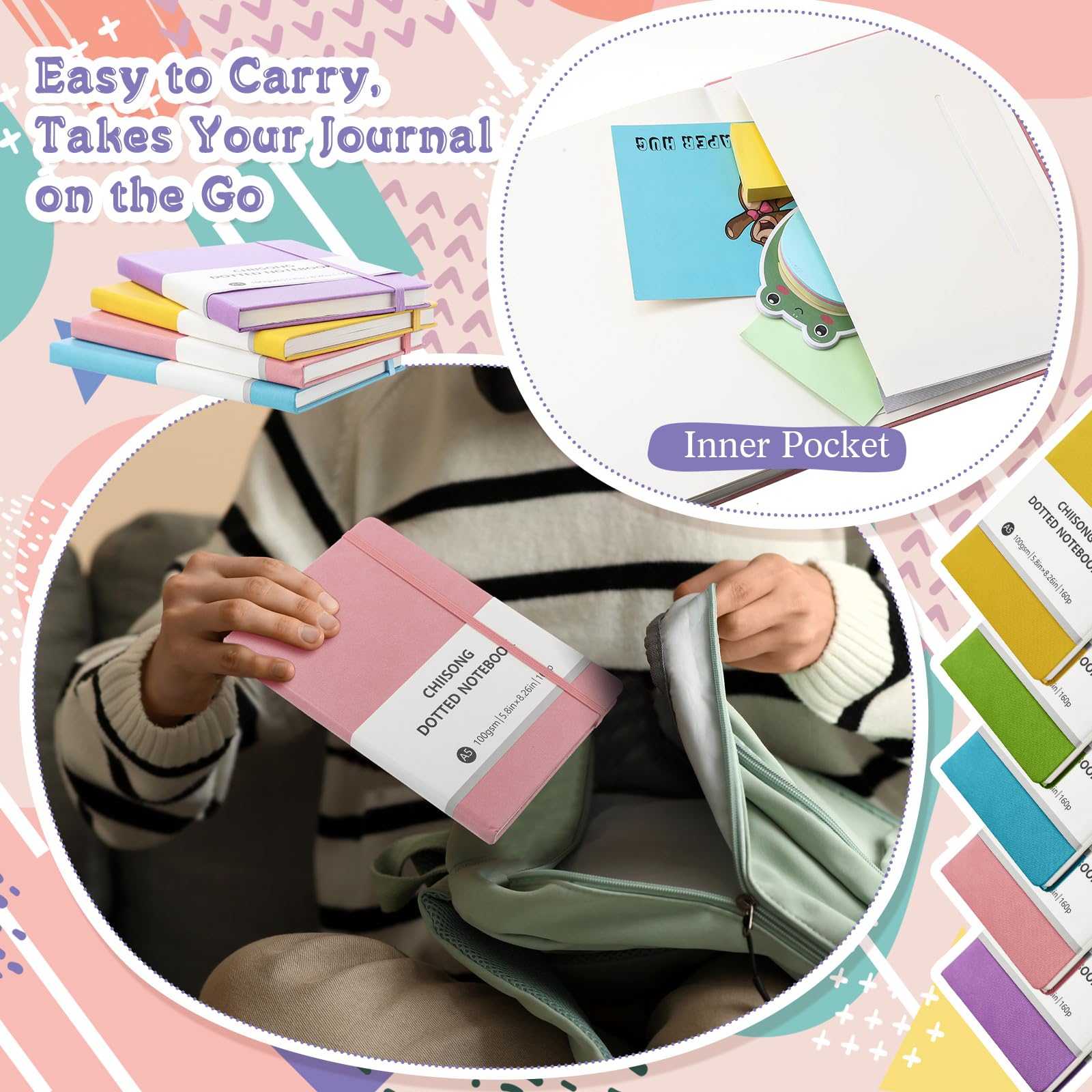 Chiisong Paquete de 10 cuadernos de puntos a granel, cuaderno de cuadrícula de puntos A5 con papel de 100 g/m², diario punteado de tapa dura de cuero con 160 páginas para mujeres y hombres,