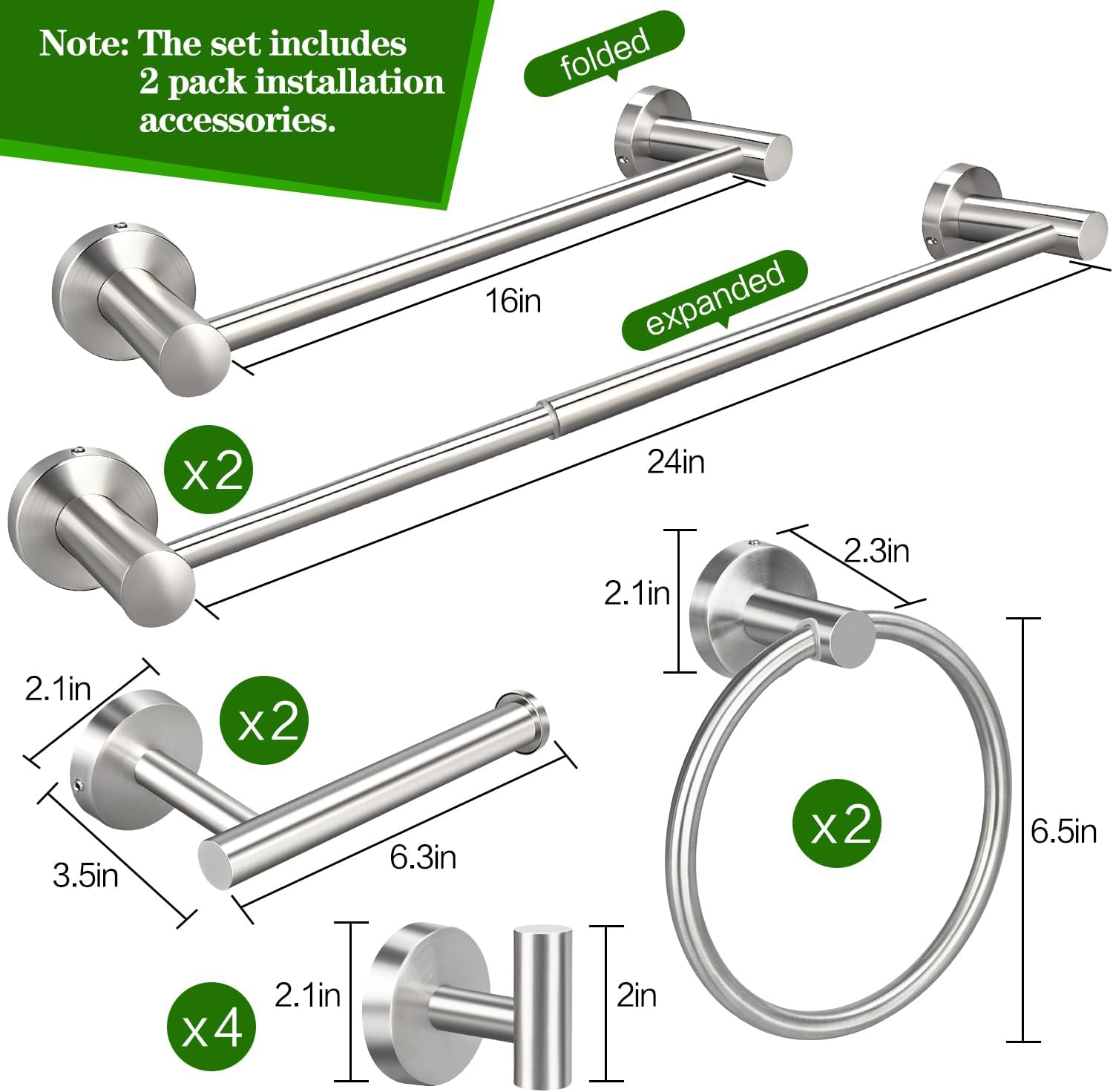10pcs Brushed Nickel Bathroom Hardware Set, Including 2pcs 24in Retractable Hand Single Towel Bar with 2pcs Toilet Paper Holders, 2pcs Towel Rings 4pcs Multifunctional Robe Hooks