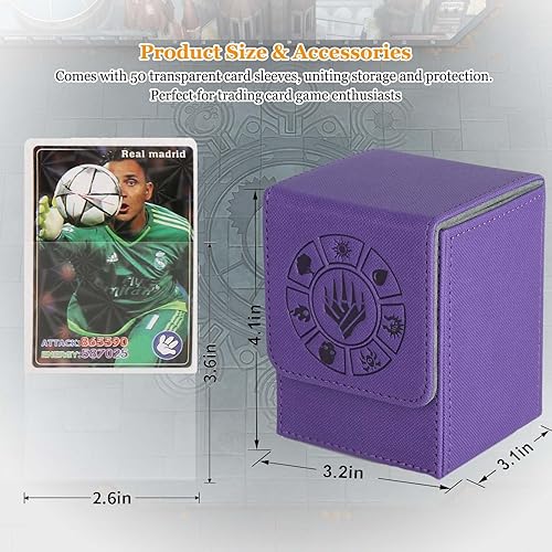 Miniatura 5 de Caja de cartas de almacenamiento MTG de más de 110 unidades, con funda para tarjetas, fundas coleccionables para Magic Commander y más (morado)
