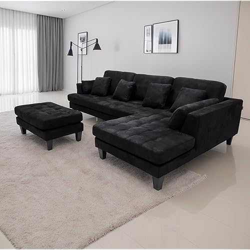 Stendmar 3pc 120" Contemporary Black Microfiber Fabric Couch Sectional Sofa Chaise Ottoman S16RBK (Black, Right Hand Facing)