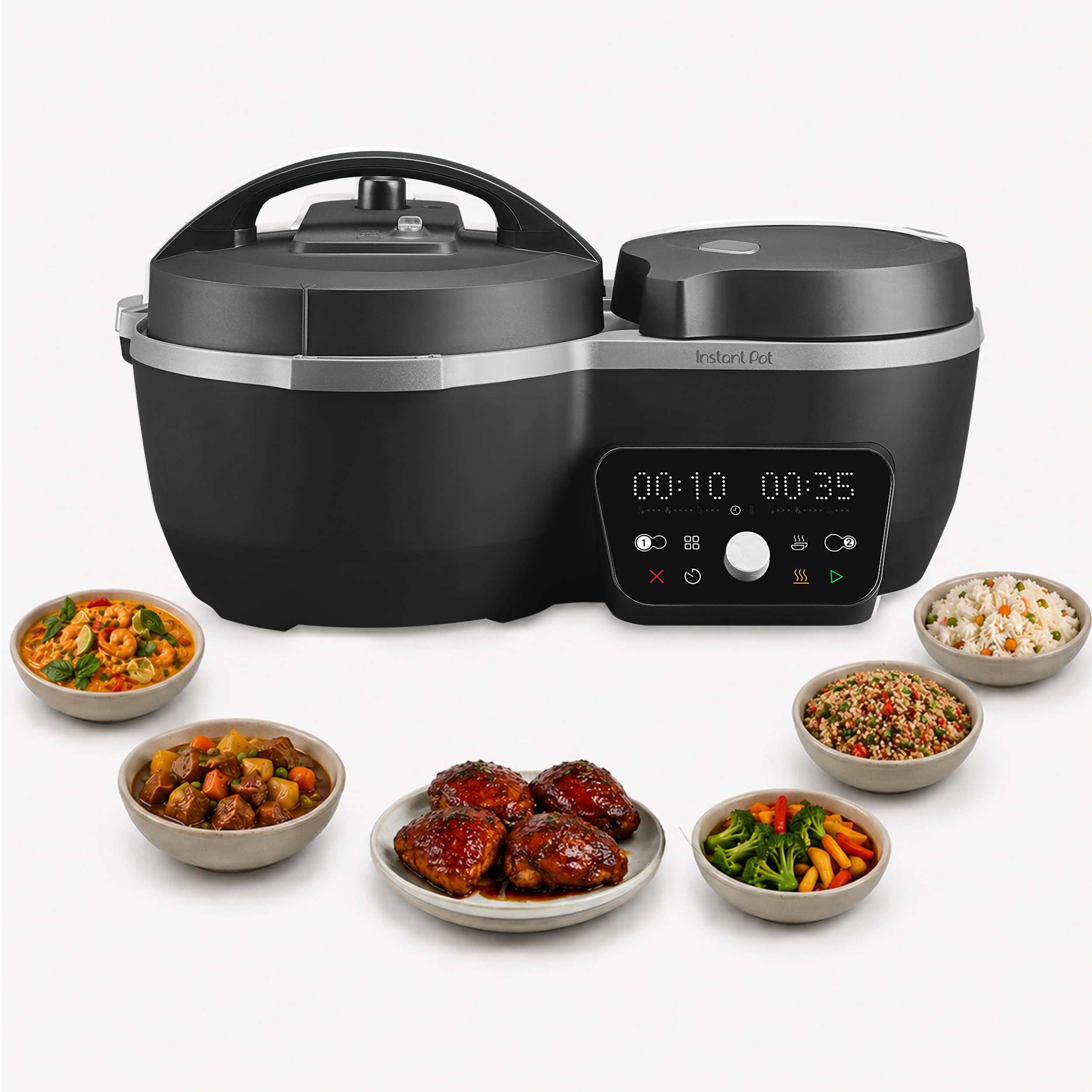 Instant Pot Dual Action 8‑in‑1 Multi-Cooker with Serve Together™ Smart Timing, 4Qt Pressure Cooker & 2Qt Rice Cooker, Cook Mains & Sides Together, Fast Cooking, PFAS-Free Pot*, Sauté, Slow Cook, Black, Black
