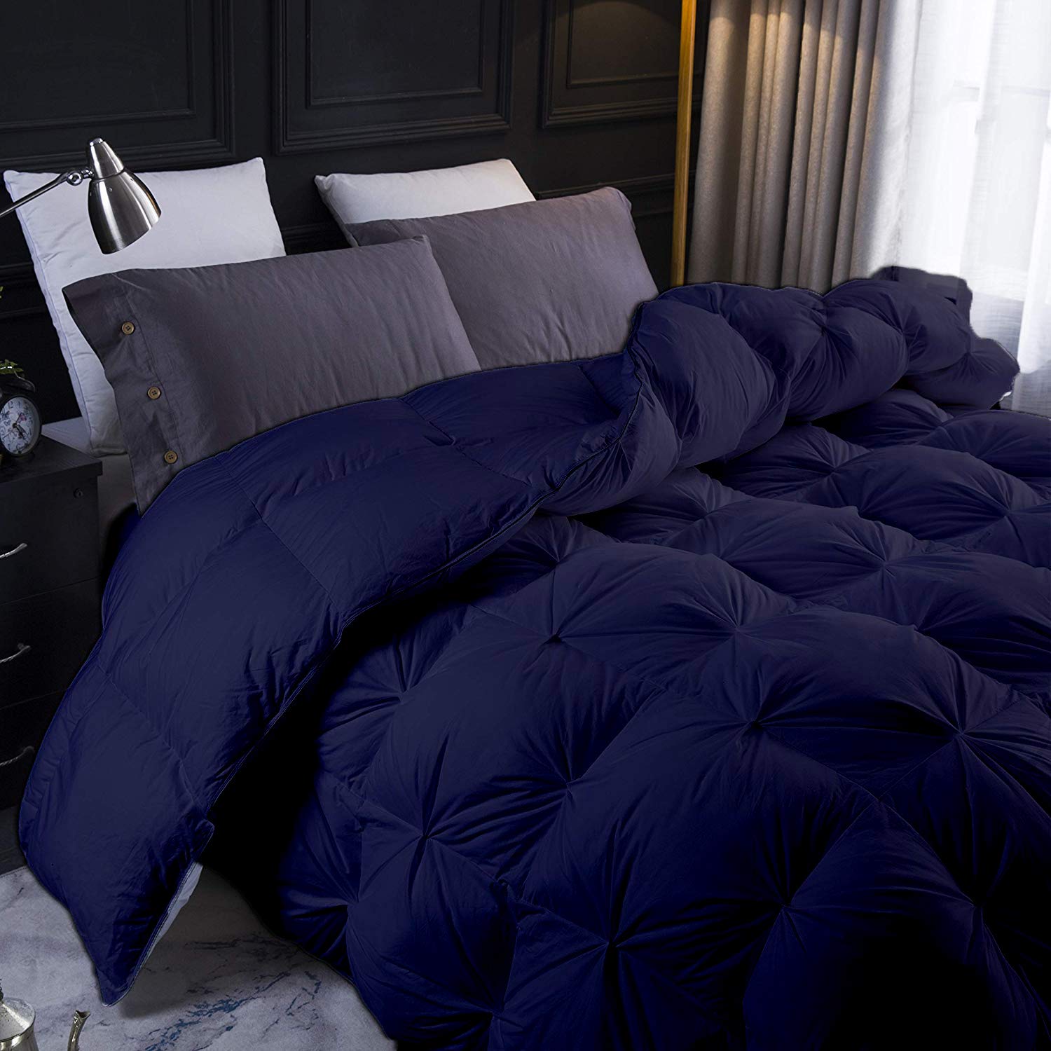 Navy Blue All Season Down Pintuck Comforter- California King Size 102 x 96 Inches 1 pc Pinch Pleated Duvet, 550 GSM with Corner Tabs 100% Egyptian Cotton- Hotel Navy Blue Solid
