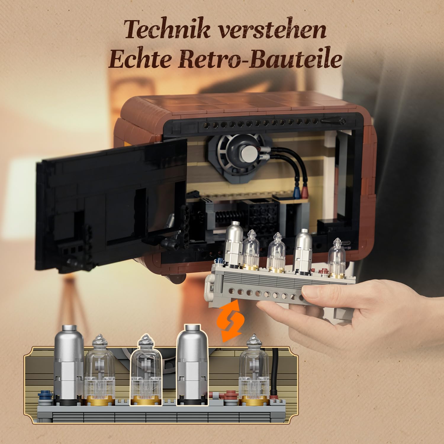 PANTASY Vintage Radio Klemmbaustein-Set für Erwachsene, Retro Radio Modell mit Lichtmodul und beweglichem Abstimmknopf, Handy-Lautsprecher Verstärker Elektronikstruktur, Deko Geschenk