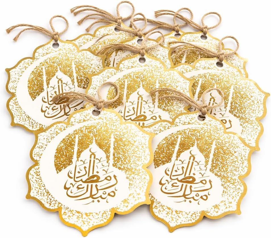 FAM 12PCS Ramadan Mubarak Gift Tags with Jute String – 12 PCS Islamic Hanging Tags for Ramadan Gifts & Treat Bags (9 × 8 cm)