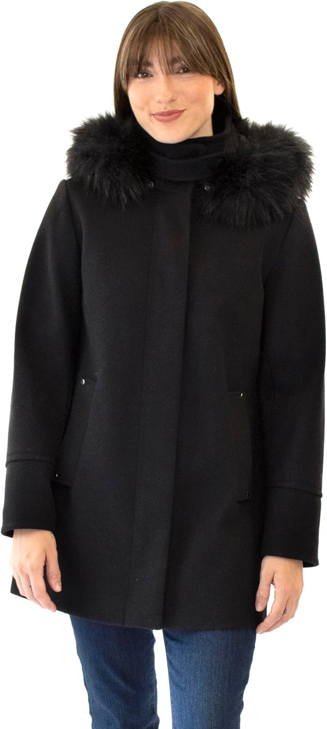 Nine West Women’s Faux Wool Coat with Detachable Faux Fur Hood – 32 Inch Mid-Length Zip Front