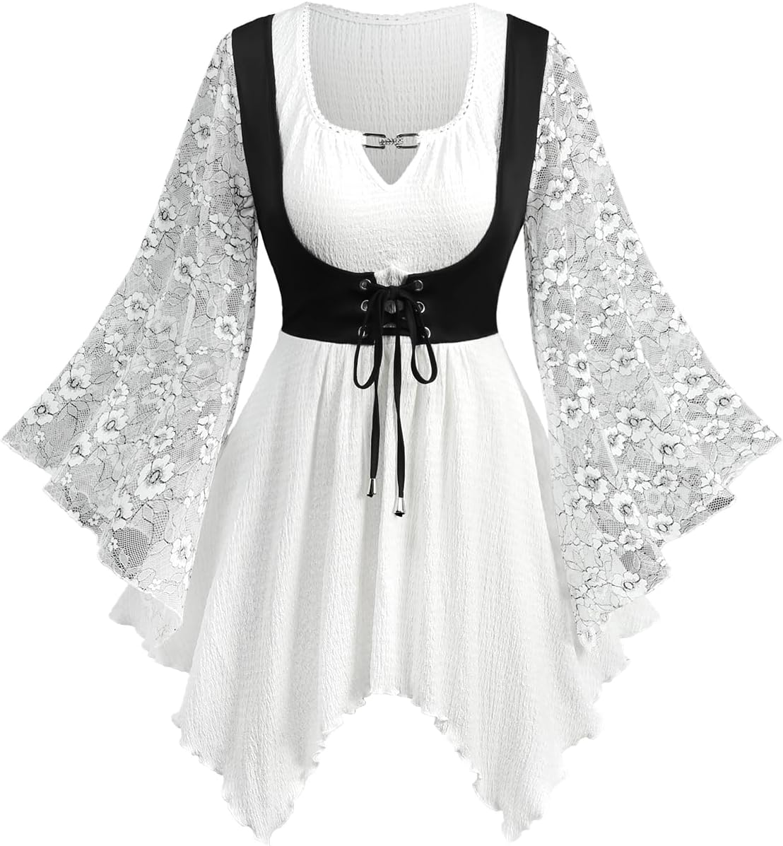 ROSE GAL Plus Size Renaissance Fairy Shirt for Women Lace Bell Sleeves Keyhole Handkerchie Top