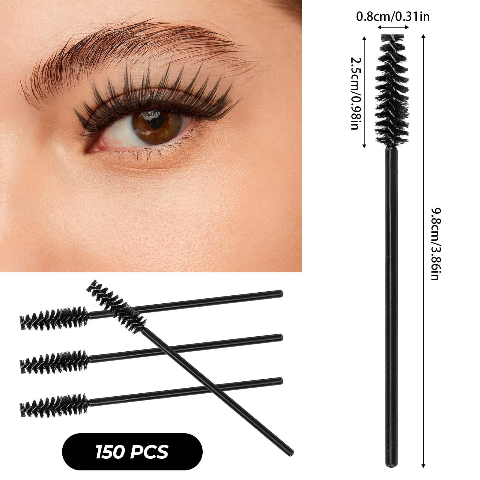 Set di 150 pennelli per ciglia, colore nero, per mascara, bacchette magiche, pieghevoli, per pettinare e allungare le ciglia