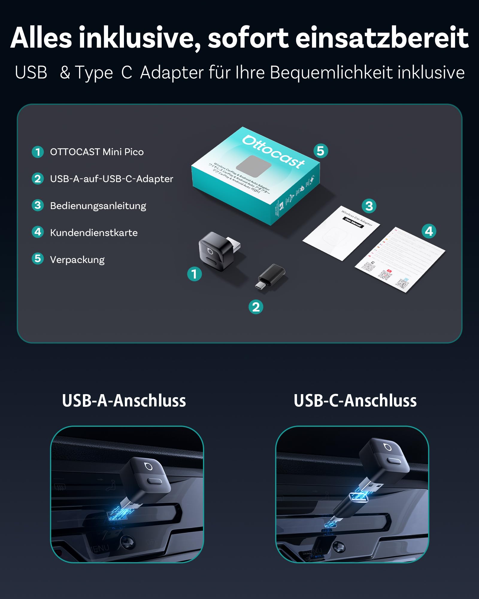 OTTOCAST Mini Pico 2026 CarPlay & Android Auto Wireless Adapter, Smart Button, 5–8s Auto Connect, Plug & Play, USB-A/USB-C, OTA-Update, Wandelt Kabelgebunden in Kabellos um (iOS 10+/Android 11+)