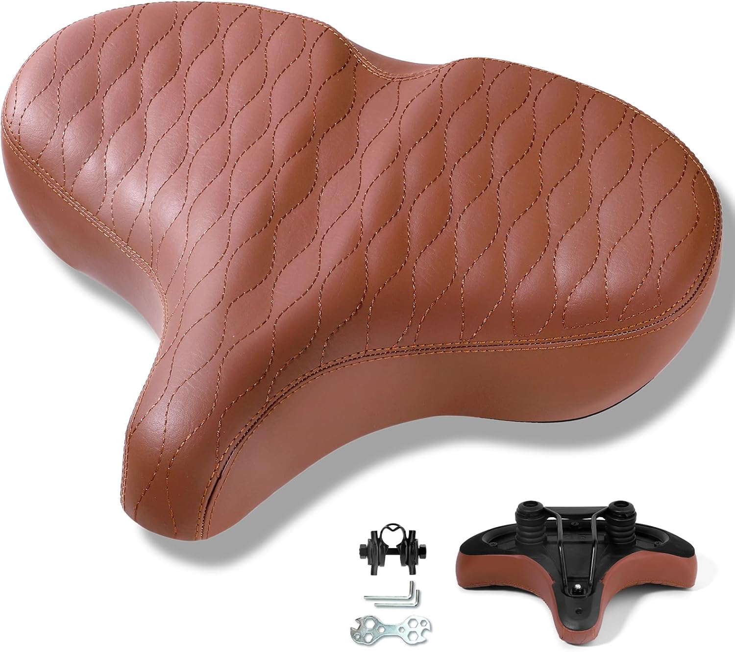 YLG Oversized Flat Bike Seat - Comfortable Wide Bicycle Saddle with Retro Brown Leather, Dual Shock Absorbing Springs, Replacement for Cruiser, Electric Bike, Stationary Bike