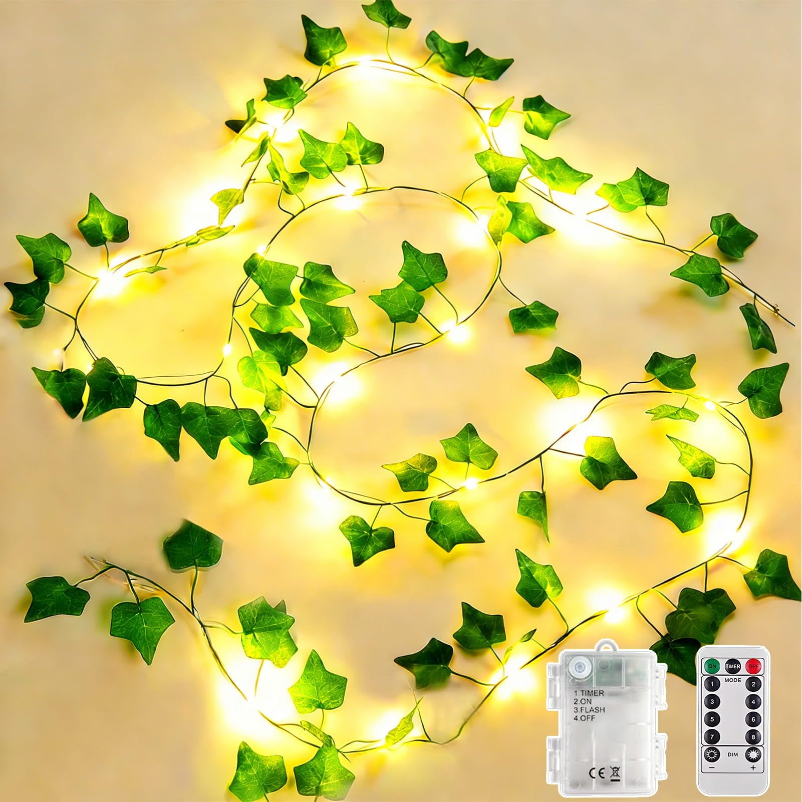 Dekofun Efeu Lichterkette Batterie,10M 100 LED Efeu Künstlich mit Fernbedienung, Timer, 8 Modi Lichterkette, Fake Efeu Girlande für Zimmer Balkon Aesthetic Room Wand Frühling Innen Outdoor Deko