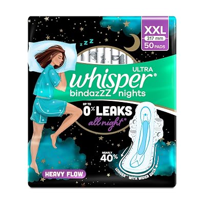 Whisper Bindazzz Nights 50 XXL Sanitary Pads, Upto 0% Leaks All Night Long, For Heavy Flow, Nearly 40% Longer with Wider