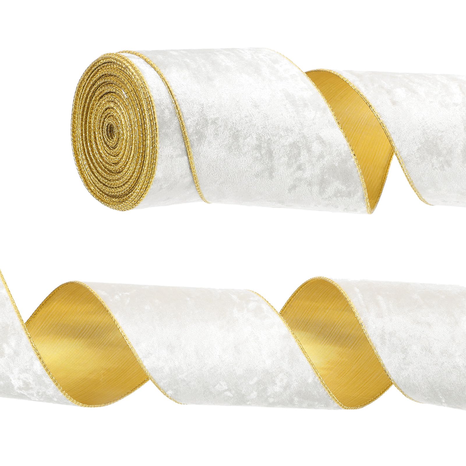 PATIKIL 4 Inch x 10 Yards Velvet Wired Ribbon, Velvety Gold Crushed Ribbons Single Faced Gift Wrapping Binding for Crafts Bow Wreaths Chrismas Tree Decorations, White