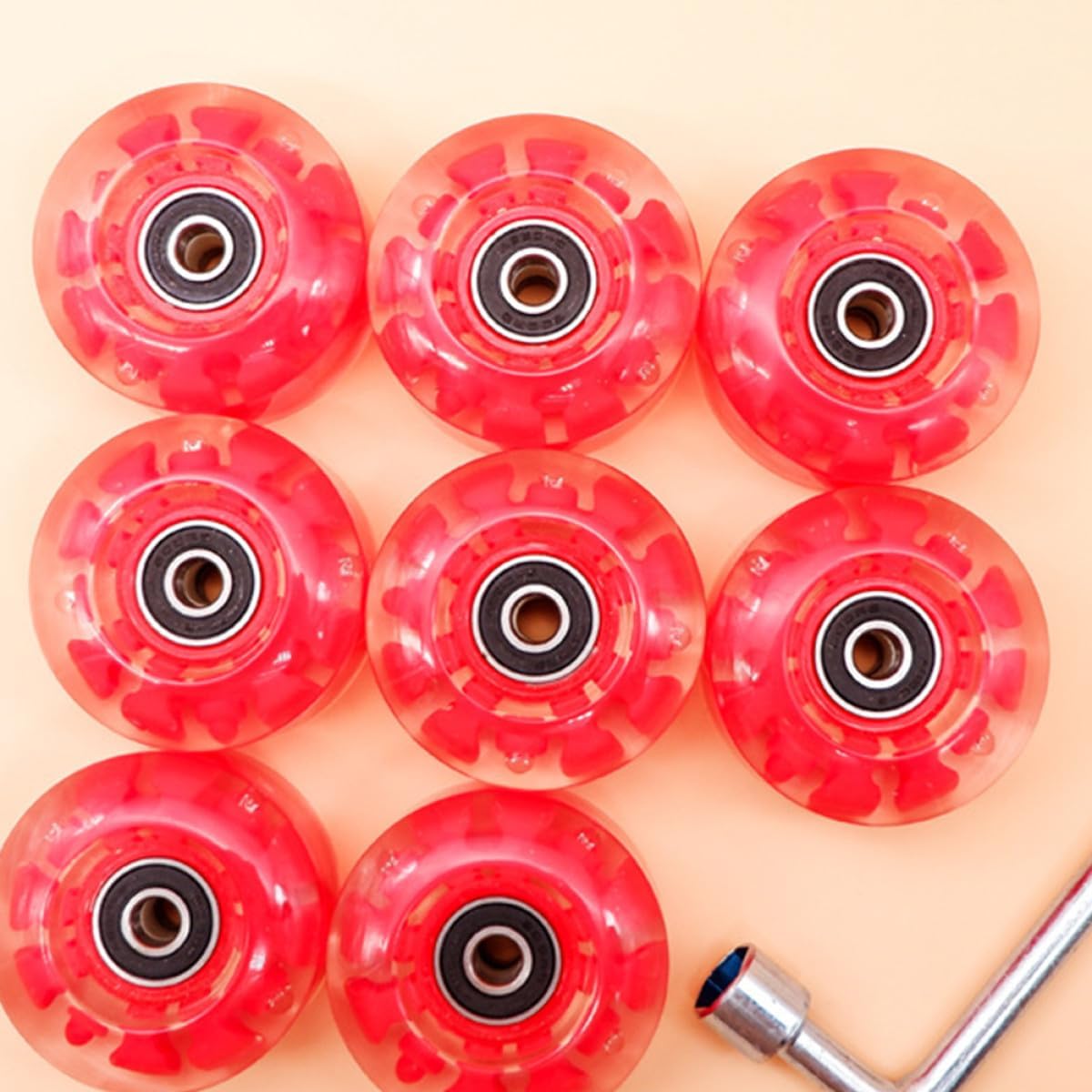 Light up Roller Skate Wheels Double Row Pu Replacement with Bearings and Wrench, Red LED Glow Skating Wheels Set of 8 for Outdoor and Indoor Roller Skates