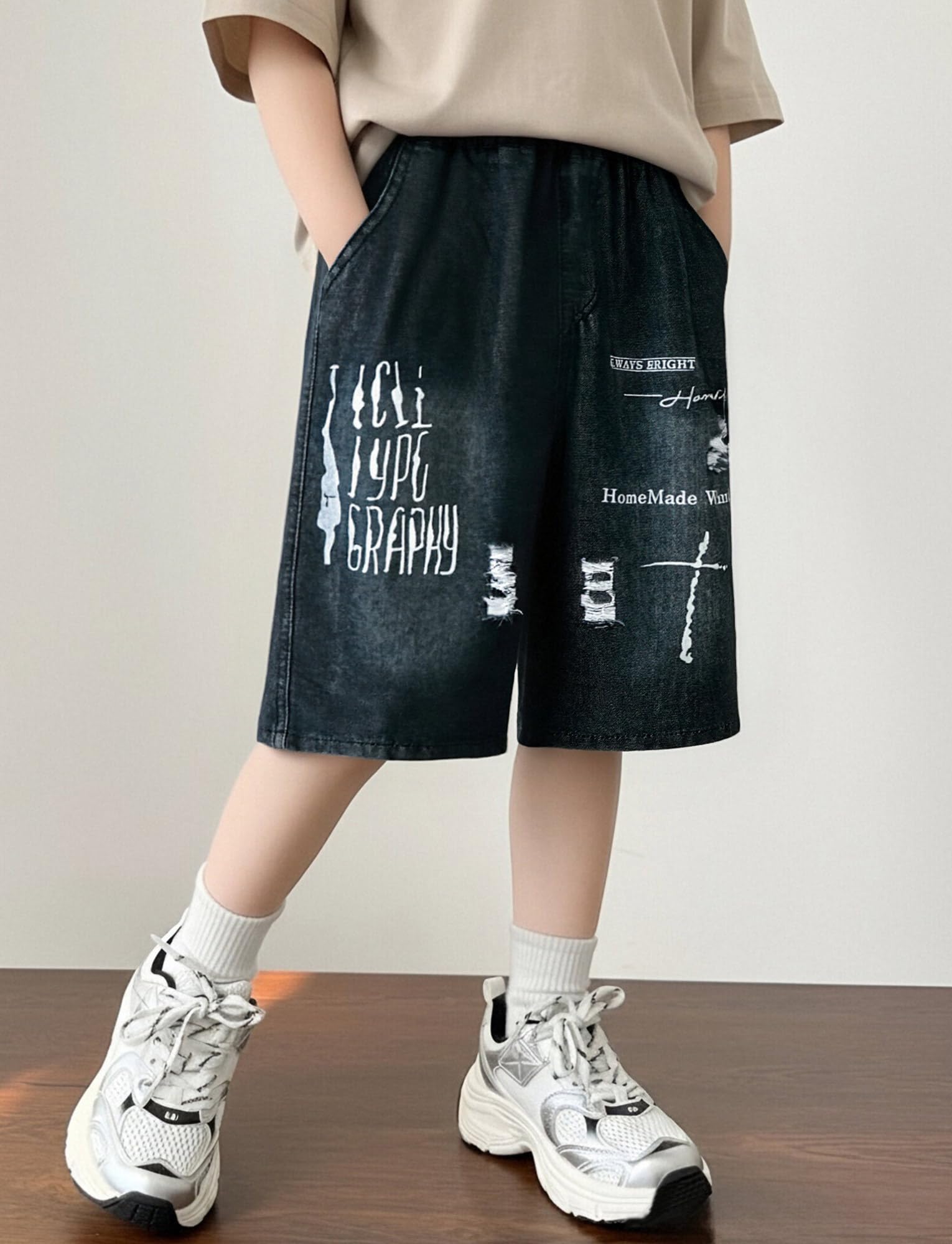 Happy Cherry Shorts Jean Garçon Jorts Enfant Coupe Large Classique Bermuda Baggy Taille Élastique Y2K Streetwear Doux Respirant Skate École 5-15 Ans