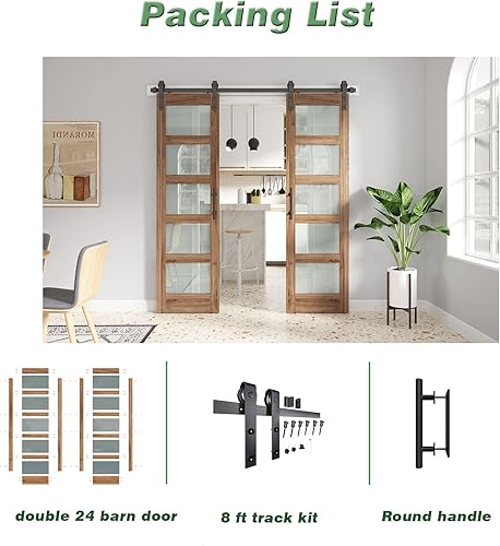 Miniatura 8 de FREDBECK Puertas de granero de vidrio dobles de 24 x 84 pulgadas, puerta de granero de 48 pulgadas con kit de herramientas de 8 pies y mango