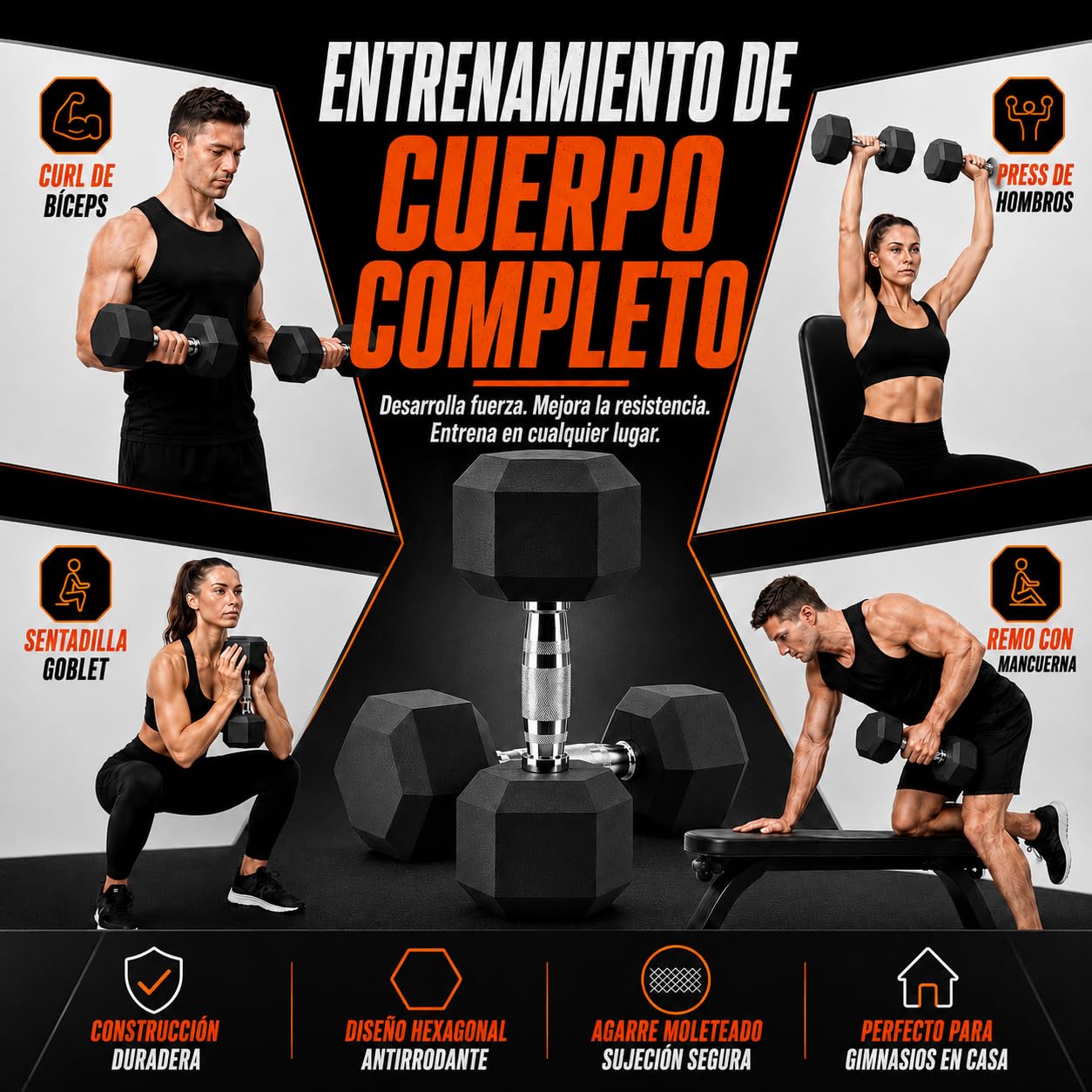 Mancuernas Hexagonales – Set de pesas y mancuernas de hierro fundido con recubrimiento de goma, para mujer y hombre, musculación fitness gimnasio en casa, 1/2/3/4/5/6/8/10 kg (par) y 12.5/15/20 kg