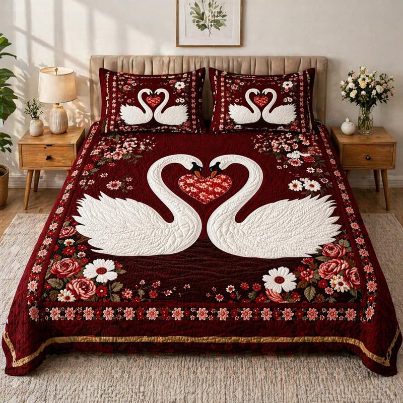 Image of Akshya Double Bedsheet King Size (90x100 Inch) with 2 Pillow Covers | 300 TC Microfiber Soft Bedsheet | Red Swan Printed Designer Bedsheet for Double Bed