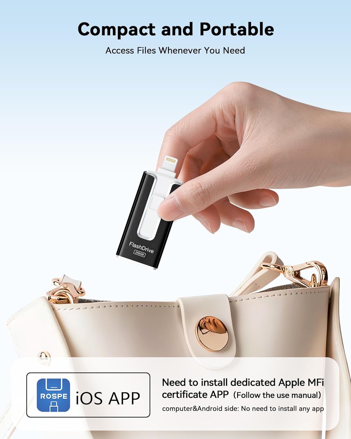 MFi Certified Flash Drive for iPhone 256GB, 3 in 1 Type-C USB Memory Stick Thumb Drive for Photos Videos, High Speed External Memory Storage Photo Stick for iPhone iPad Android PC (Black)