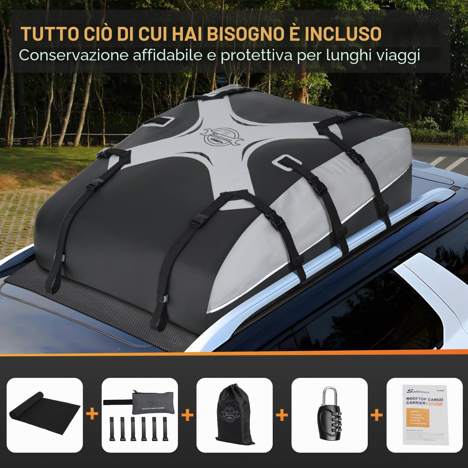 Sailnovo Box Tetto Auto Box Portapacchi per Auto 580L Borsa da Trasporto Impermeabile inclusi tappetino antiscivolo 6 ganci di sicurezza, e custodia per auto con o senza portapacchi (Grigio-Nero)