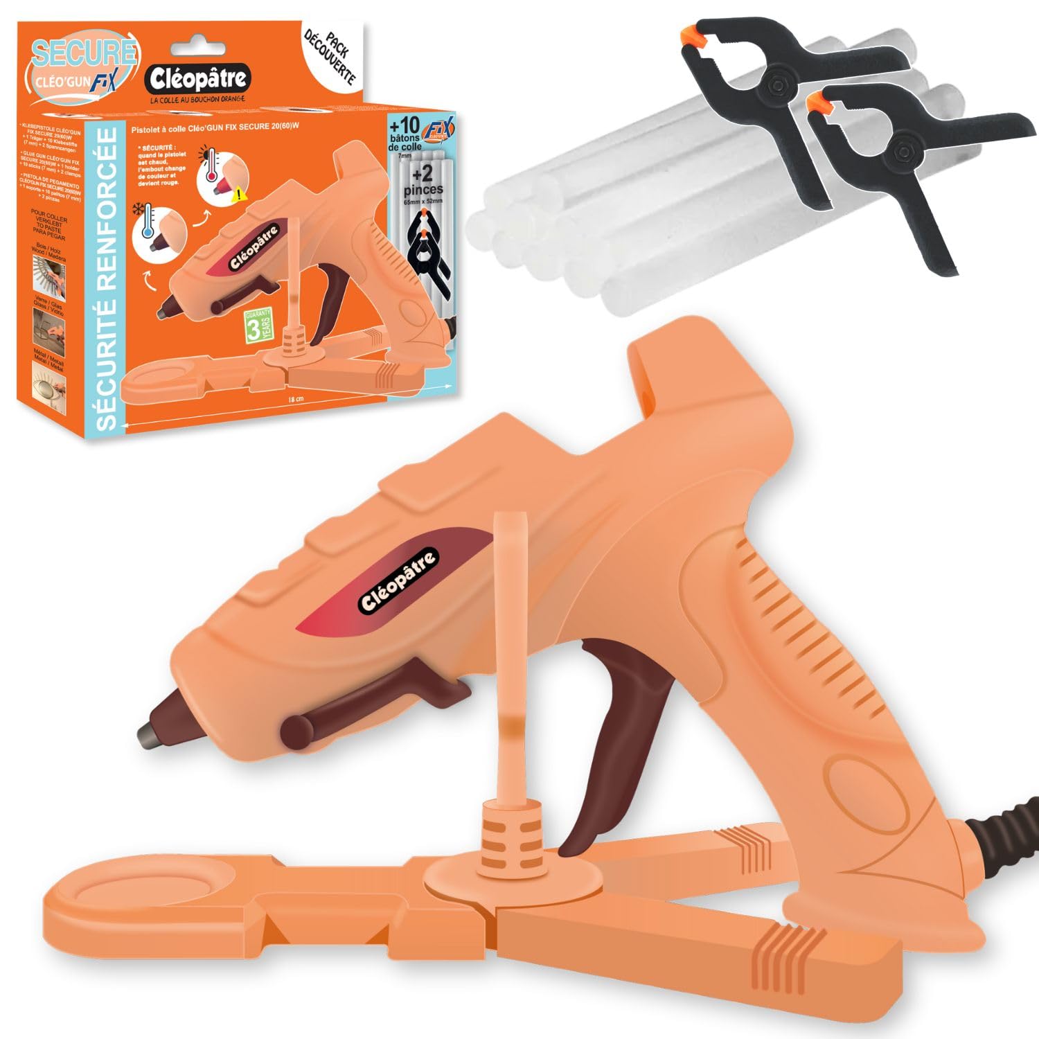 CLEOPATRE – Pistolet à Colle Chaude 20W – Sécurité avec Embout Indicateur de Température - Livré avec Base de Stabilité, 10 Bâtons de Colle 7mm, 2 Pinces