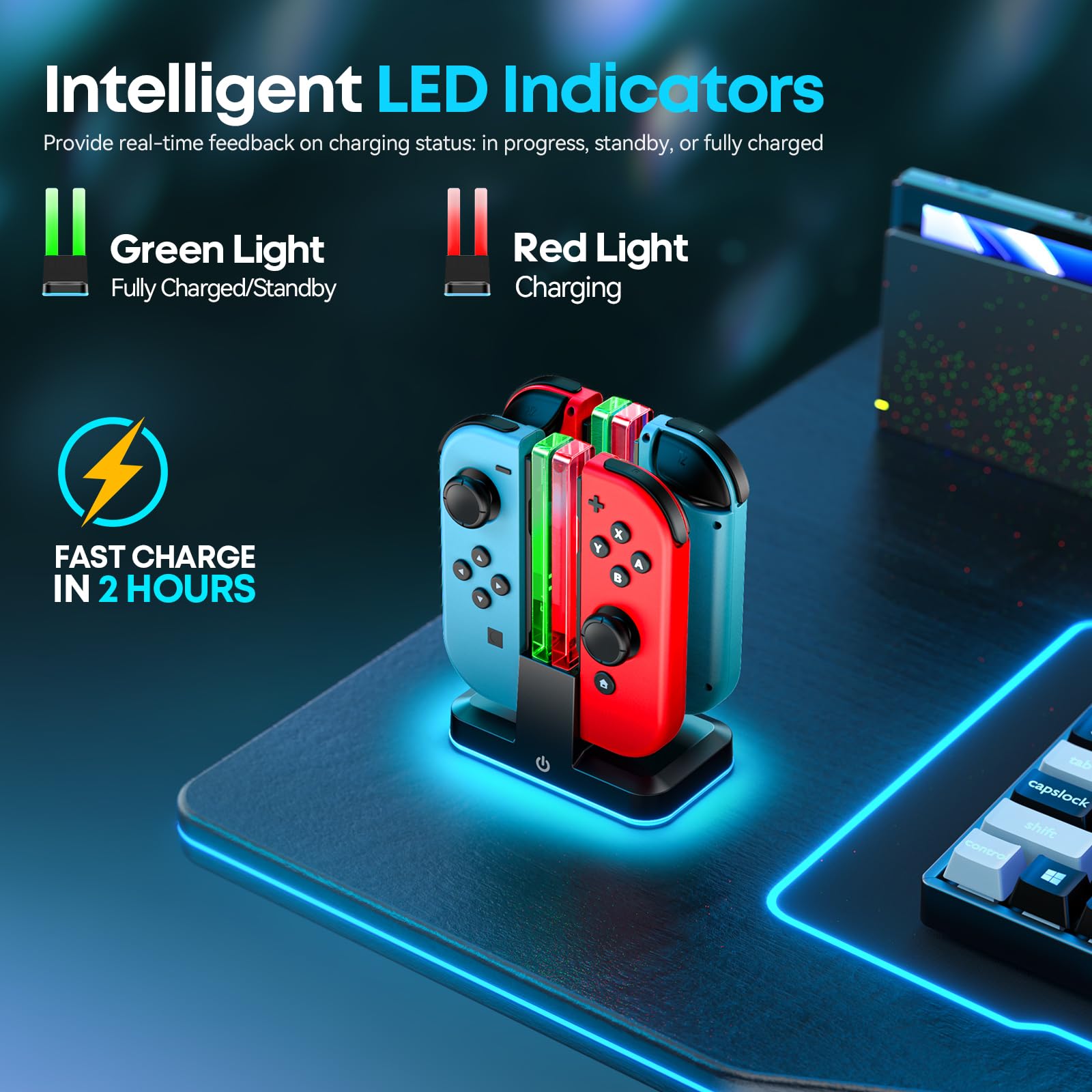 Cargador para Joycon Switch/OLED, 2,5H de Base Carga Mando para Nintendo Switch con Luz RGB y Control Inteligente de Carga, Estacion de Carga joycon para Nintendo Switch Accesorios