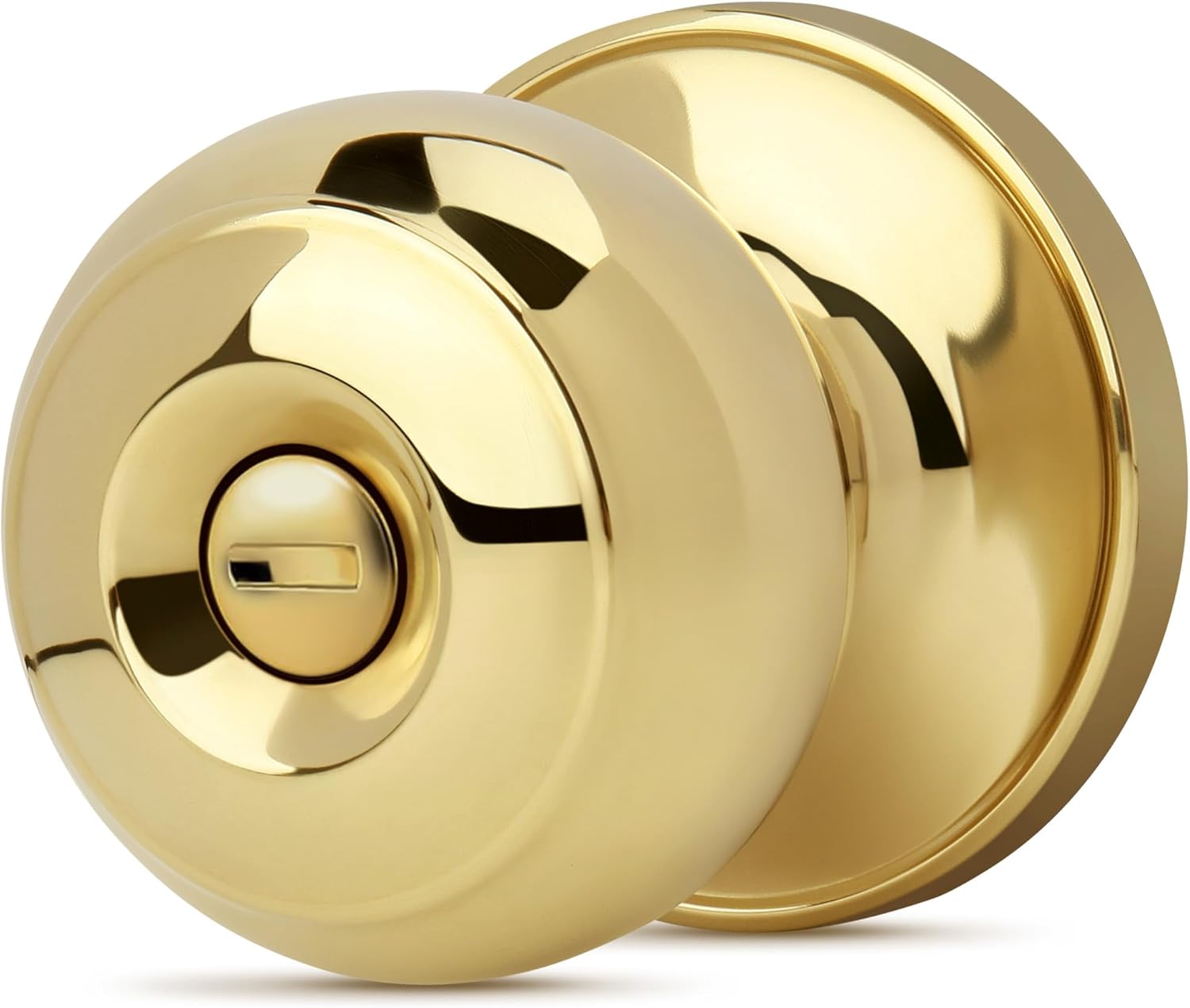 Moquin Gold Privacy Door Knob with Lock, Keyless Interior Flat Ball Door Knob for Bathroom or Closet, Polished Brass