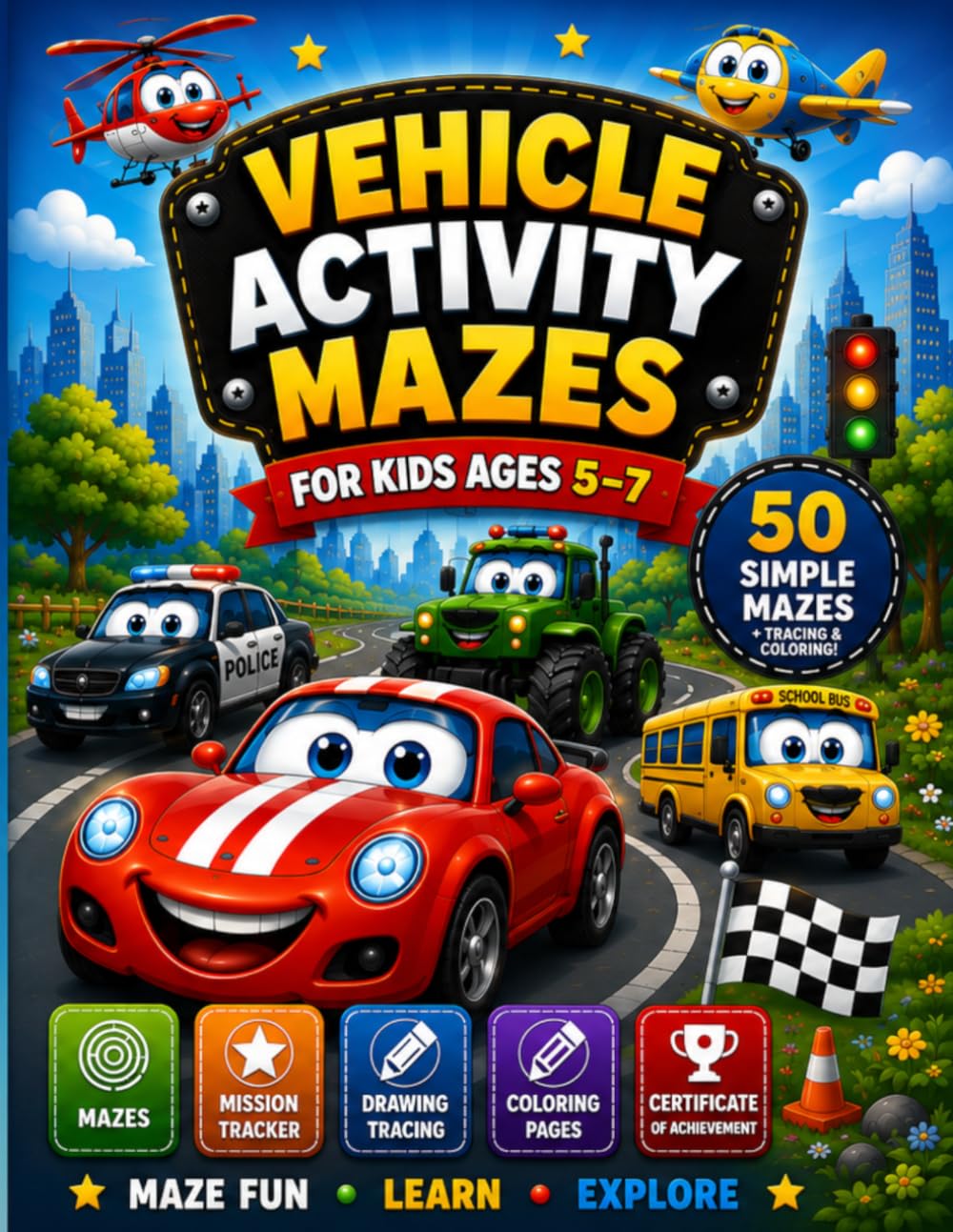 Vehicle Activity Mazes for Kids Ages 5–7: Fun and Engaging Maze Adventure Book with Tracing, Coloring, Mission Tracker and Certificate (Vehicle Maze Adventure)