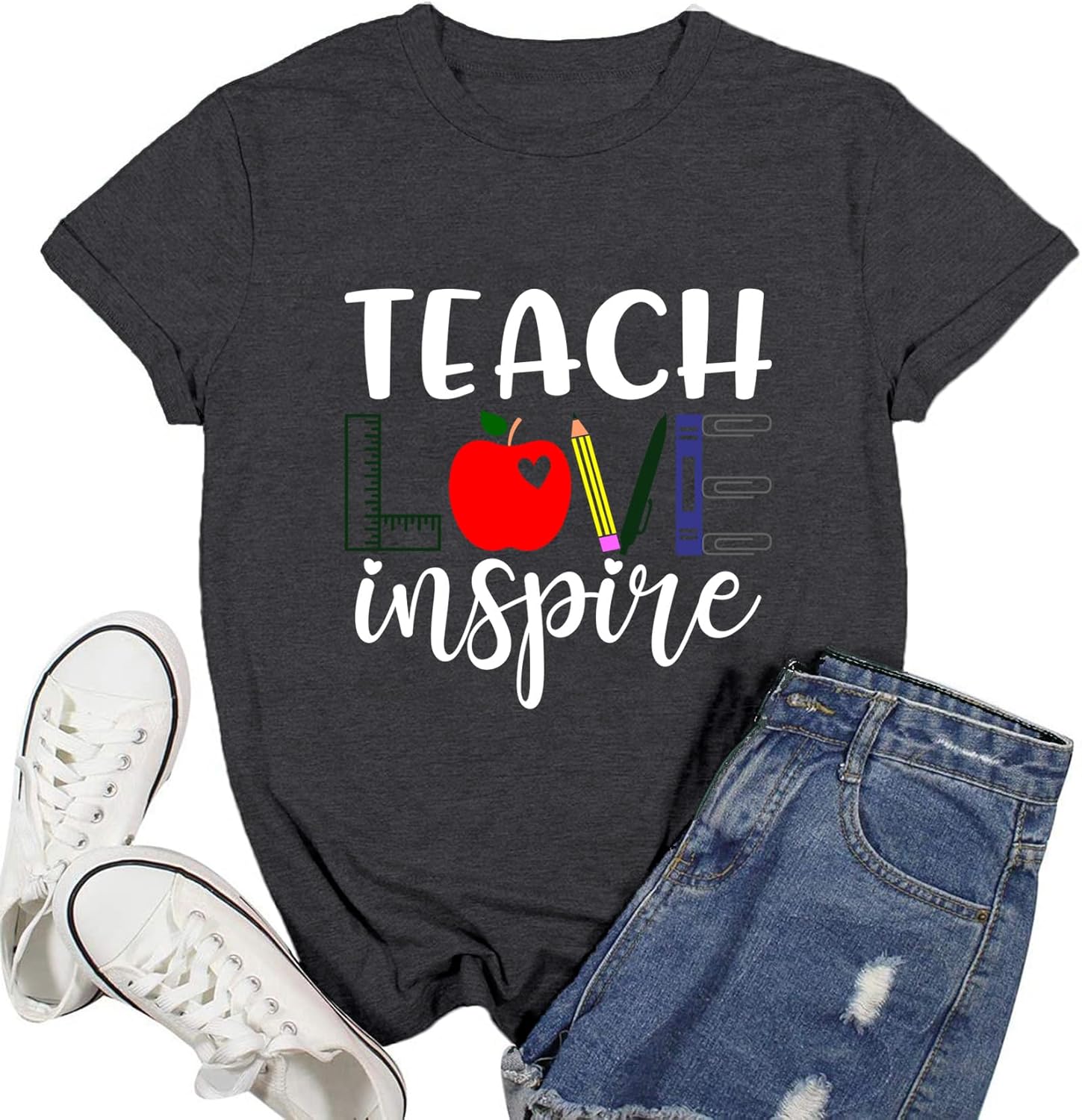Womens Teacher Shirt Teach Love Inspire T-Shirt Teacher Life Tee Tops