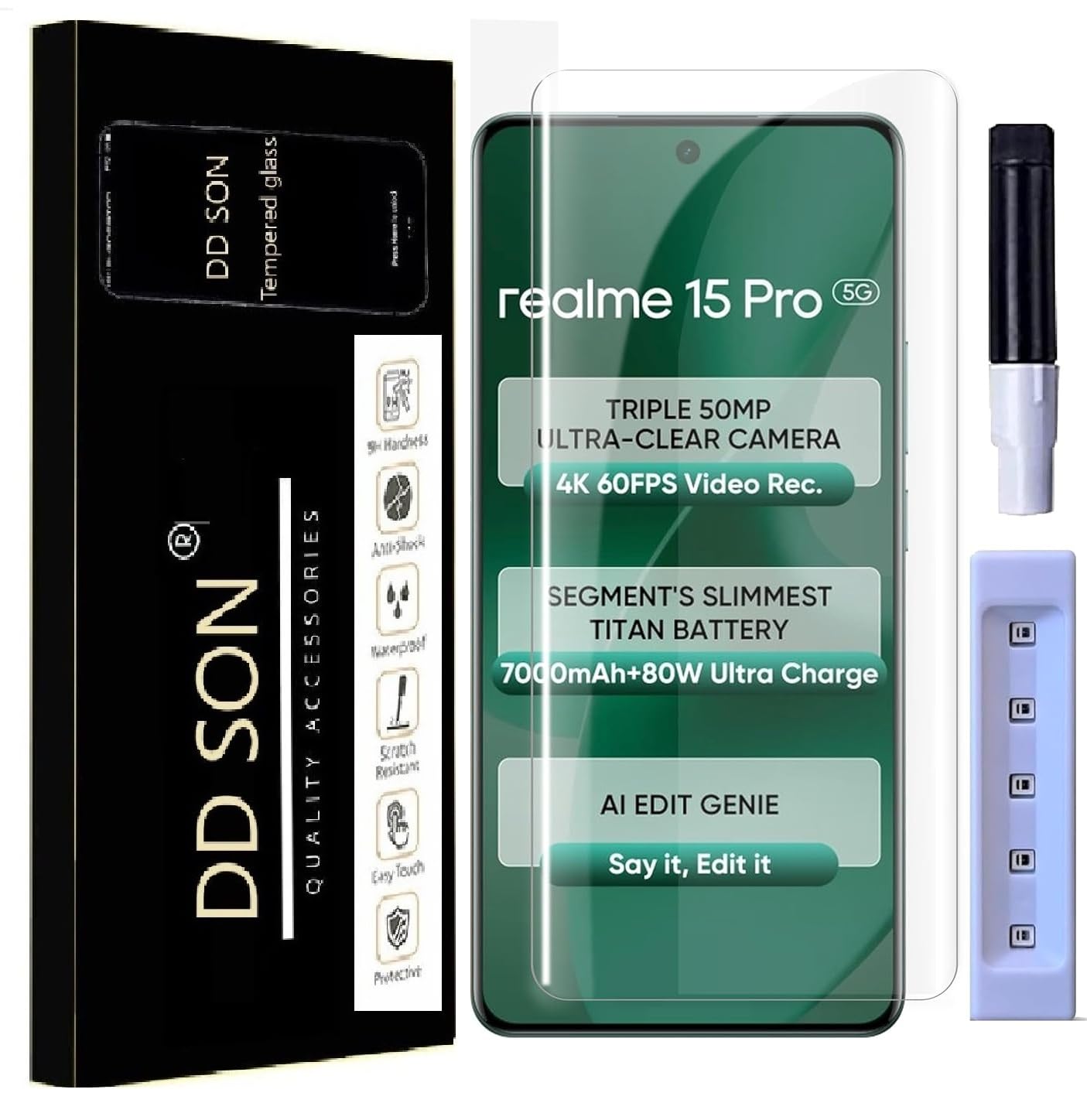 DD SON Premium UV Tempered Glass Screen Protector Compatible For Realme 15 Pro 5G / Realme 15 5G (6.8 Inch, Pack of 1) Smartphone (Pack Of 1) With Edge To Edge Full Coverage UV And Easy Installation Kit-image-8