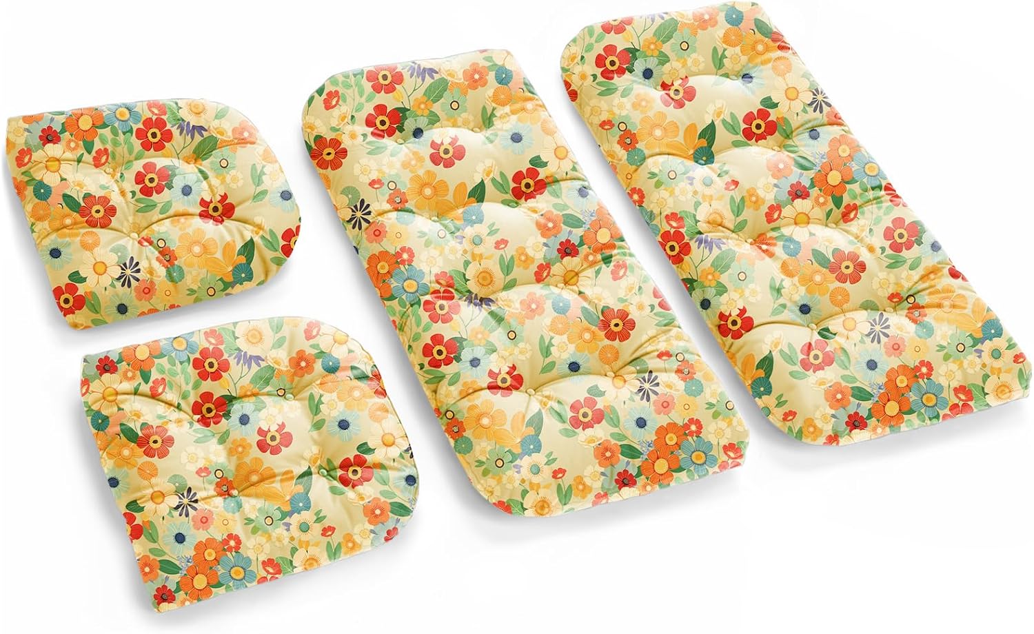 All Weather Outdoor Wicker Chair Cushions 4 Pieces Set, Waterproof & UV Protected Thickened Patio Furniture Replacement Wicker Chair Cushion, 2 Loveseat and 2 U-Shape Wickers Cushions, Daisy