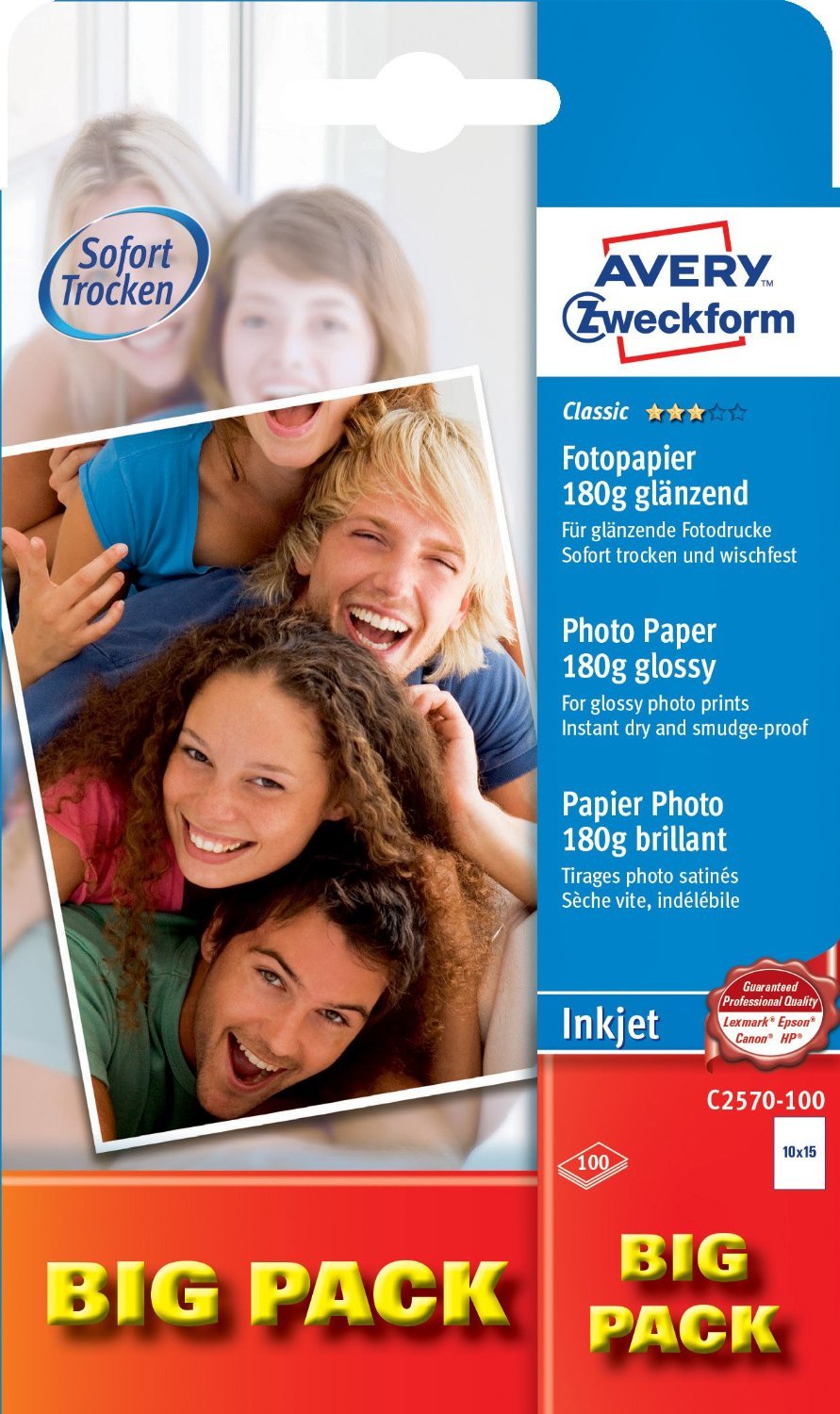 Avery Zweckform C2570-100 Classic Inkjet Fotopapier, DIN A6, einseitig beschichtet - glänzend, 180 g/m² (3er Spar-Pack)