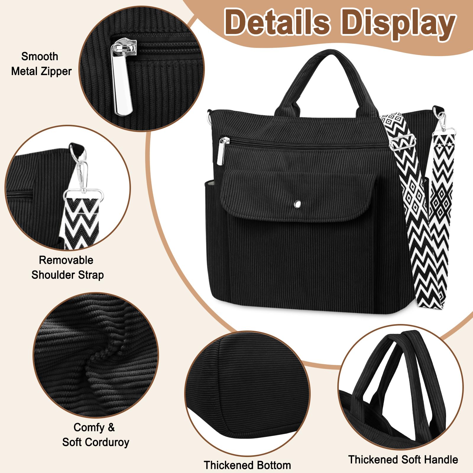 Grande Sac a Main Femme Velours Côtelé Sac Fourre Tout Sac Cabas Sac Multipoches avec Bandoulière Amovible Fermeture Éclair Sac Cours Lycee Sac Besace pour Shopping Travail Université