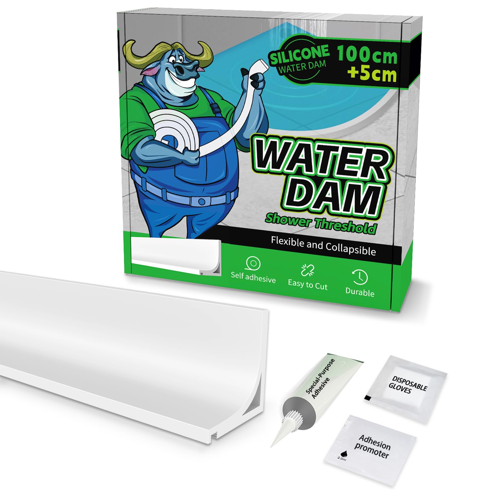 Alitaiyi White Wet Room Floor Barrier For Shower,Adhesive Shower Water Barrier,Collapsible Silicone Shower Tray Sealing Strip Water Dam,Shower Floor Water Barrier For Bathroom,Shower Door Seal Strip