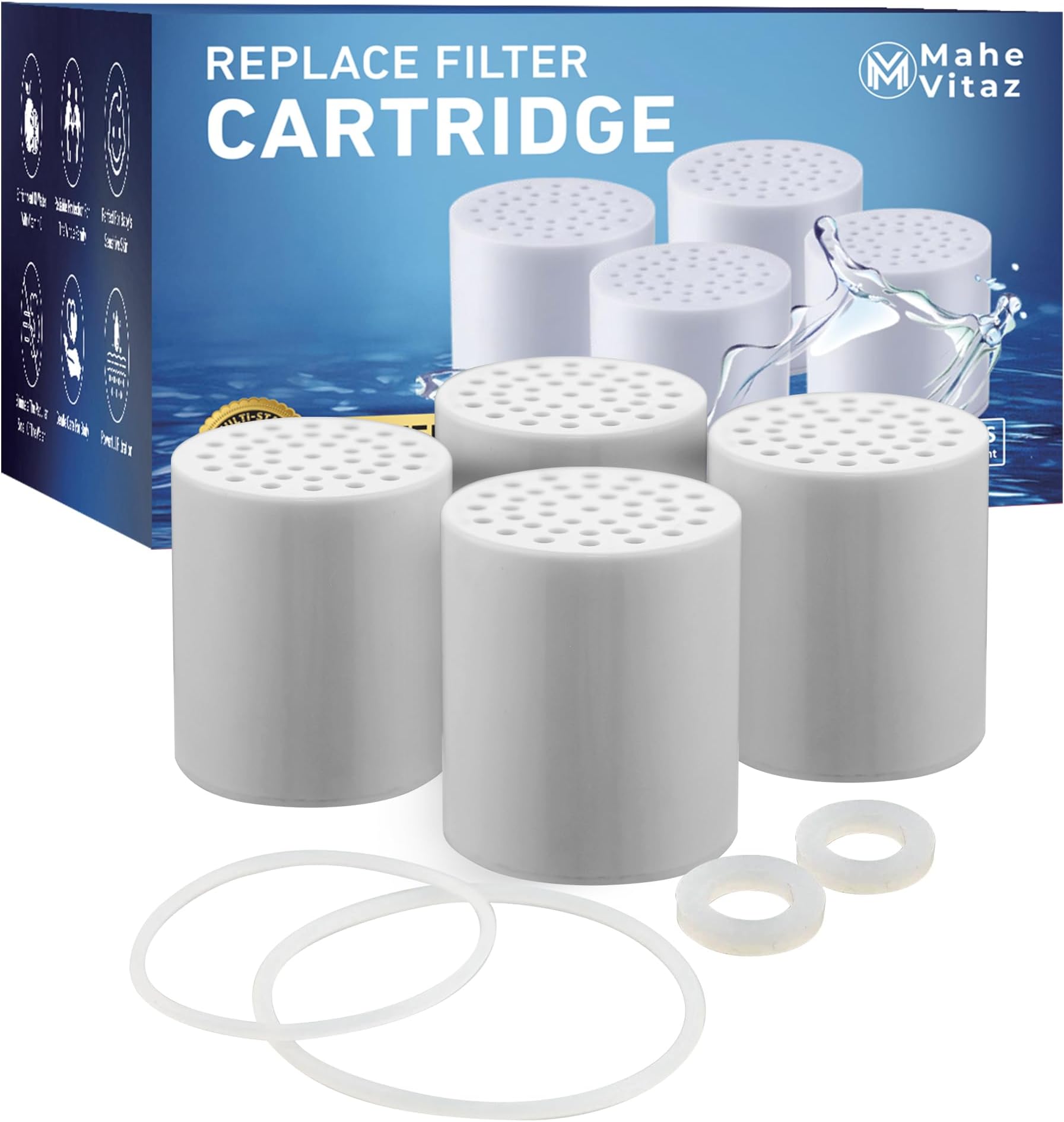20 Stage Shower Filter Replacement Cartridge Reduces Chemicals & Chlorine, Restores pH Balance, Strong Nails, Shimmering Hair & Glowing Skin - 4 Pack