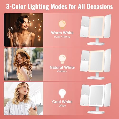 Miniatura 5 de EASEHOLD Espejo de tocador con luces, aumento 2X 3X, tríptico, recargable, control táctil, regalos para niñas y mujeres