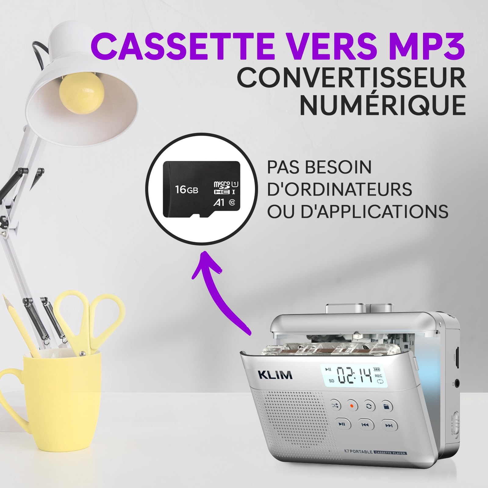 Cassette Player KLIM K7 - Lecteur Cassette Audio - Convertisseur Audio en MP3 - Microphone et Haut-Parleur intégrés - Batterie Rechargeable - Ecouteurs - Carte SD 16GB - Argent