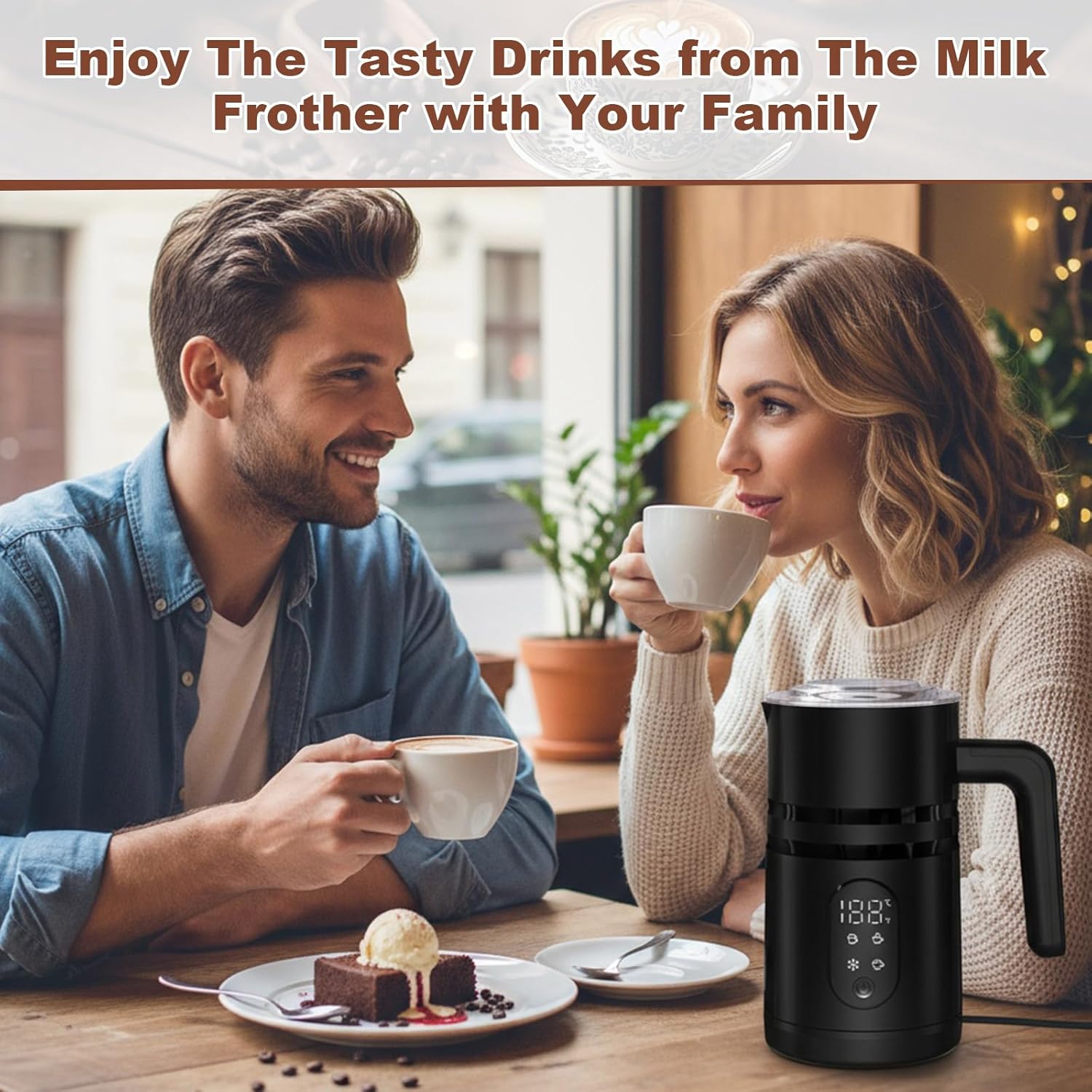 4 in 1 Electric Milk Frother Automatic Hot & Cold Foam Maker Auto Shut-Off Durable Stainless Steel Milk Frother Enjoy Perfect Milk Froth in 2 Min for Macchiato (Black-With Digital Display)
