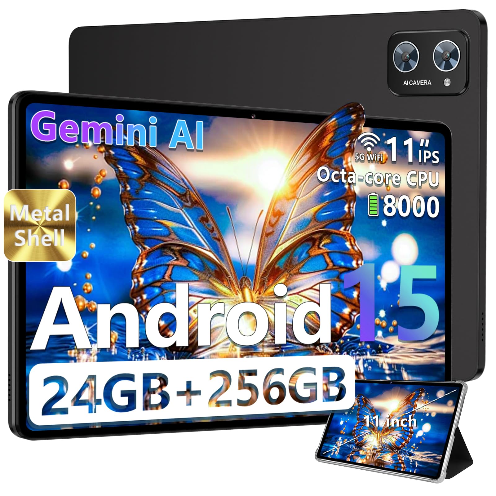 Tablette 11 Pouces Android 15 Octa Core avec 24Go RAM + 256Go ROM (2To TF) | 5G + 2.4G WiFi | FHD | GPS | Bluetooth 5.0 | 8MP + 5MP | Type C, Tablette Tactile avec étui, Clavier et Souris -Noir