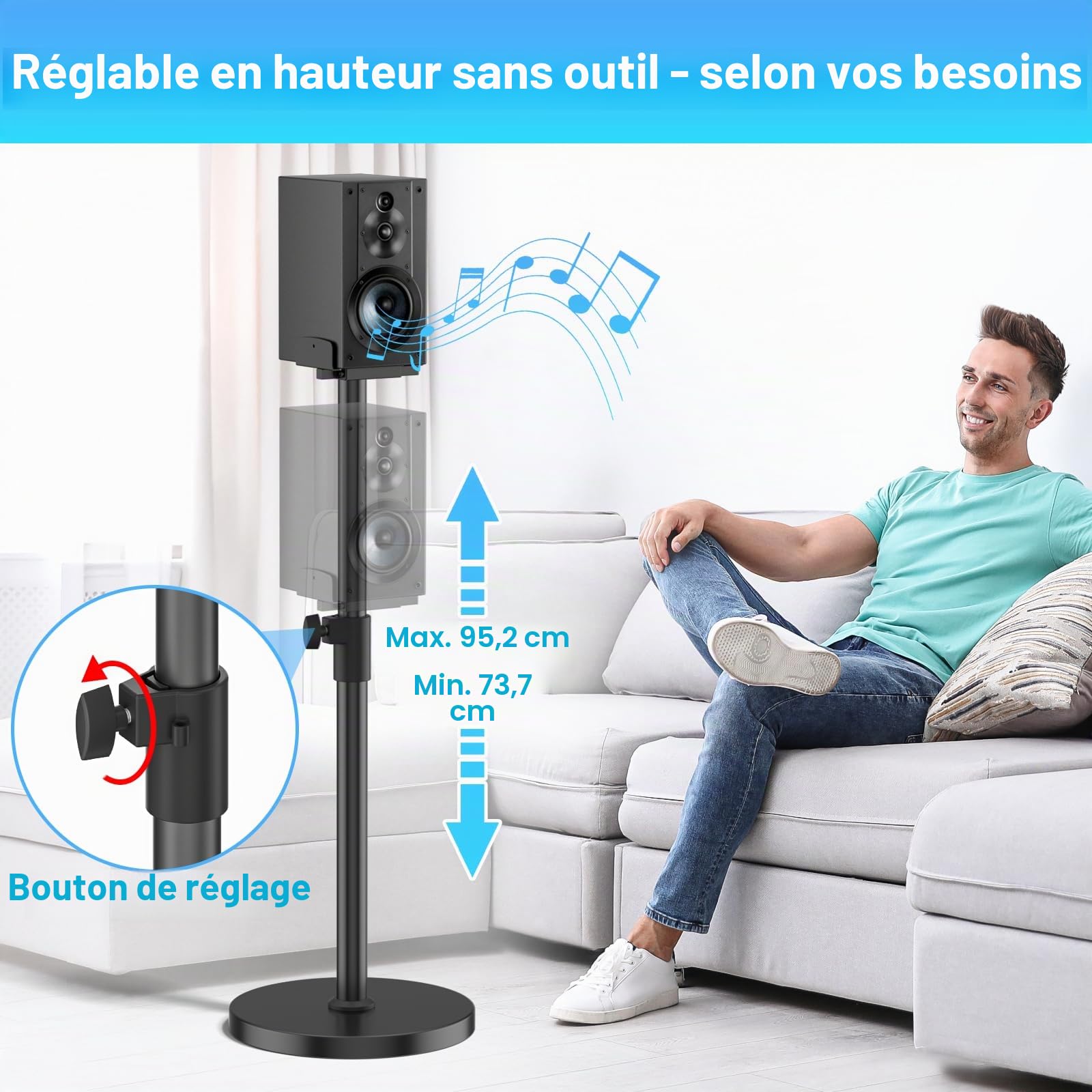 Supports d'enceintes renforcés (Paire) pour Sony HT-A9, SA-RS5, SA-R55, SA-RS3S, SA-Z9R avec Supports pour Barres de Son - Hauteur réglable 74 à 95 cm pour Enceintes Surround Sony