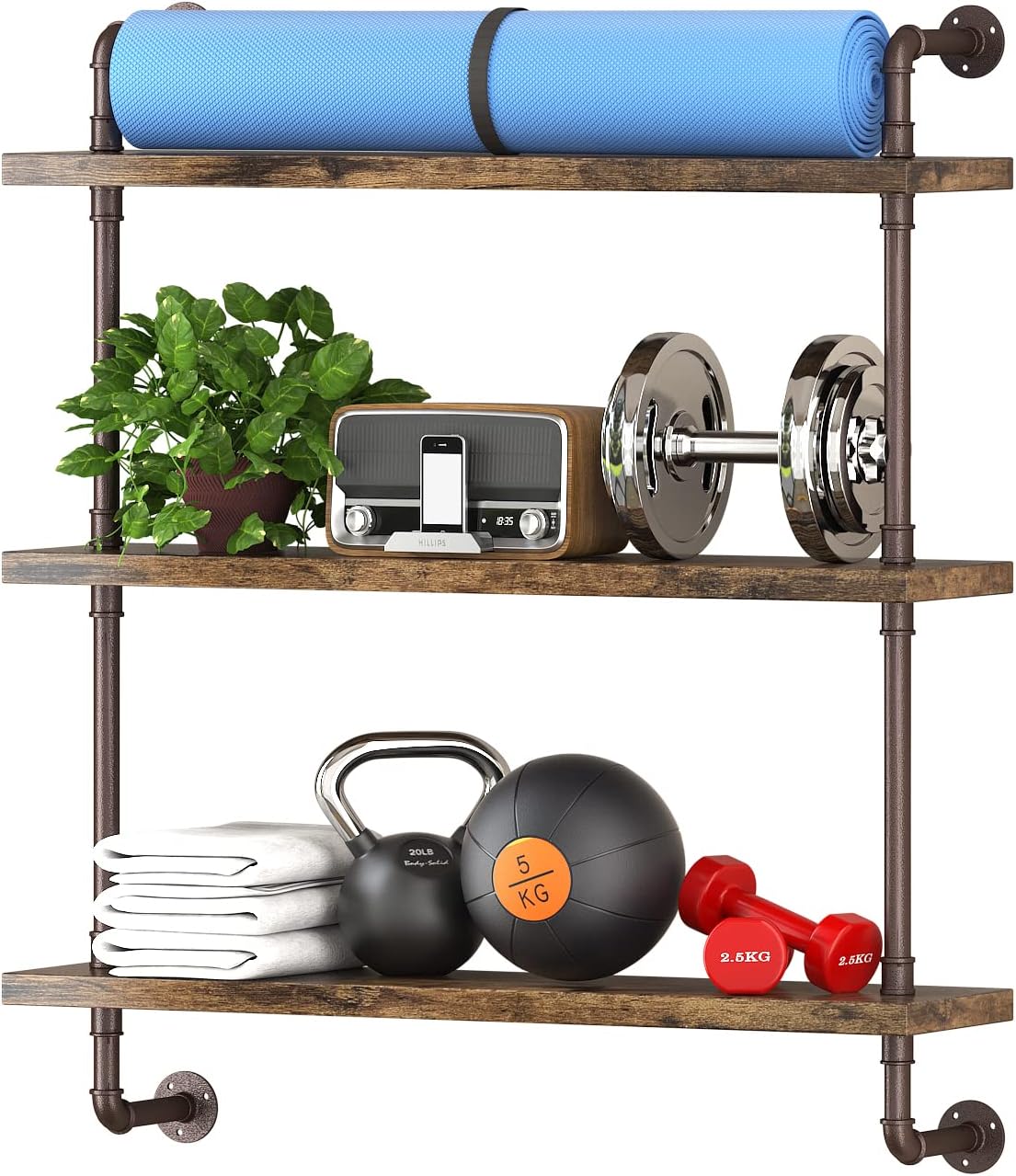 Helsin 3 Tier Industrial Pipe Shelf Rustic Wood Floating Shelves,Wall Display Bookshelf,Storage Rack Sundries Holder for Kitchen Office Bathroom Organization and Home Decor (32inch) 32inch 1set